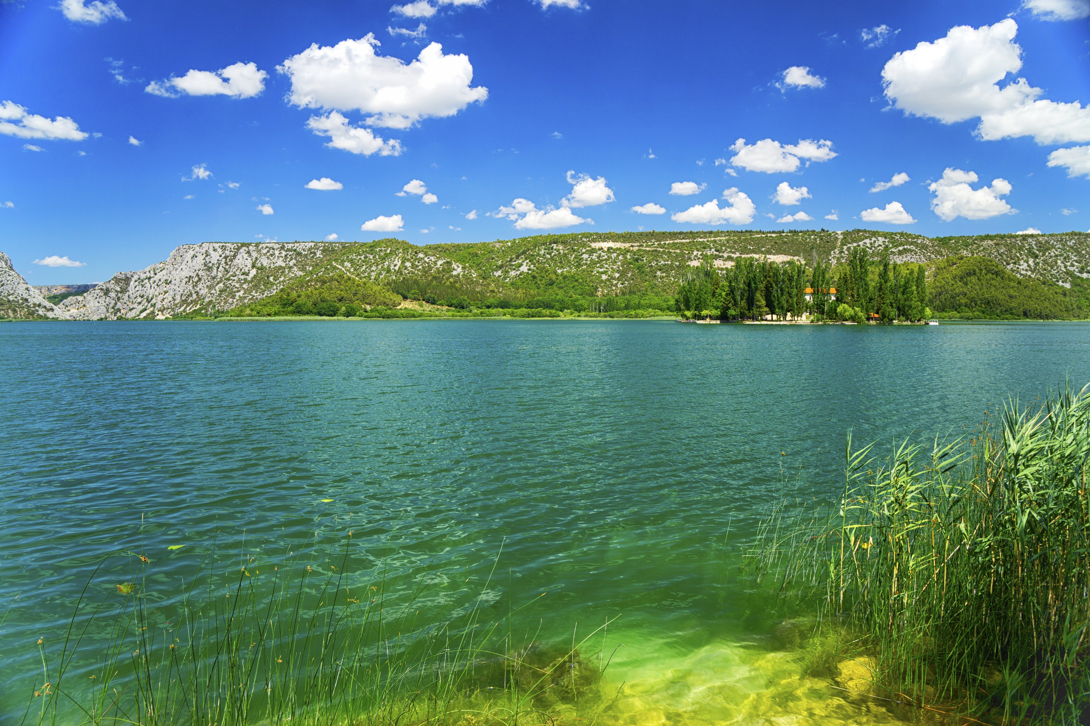 Krka National Park, Croatia, Lake, Mountains, and Sky HD Wallpaper