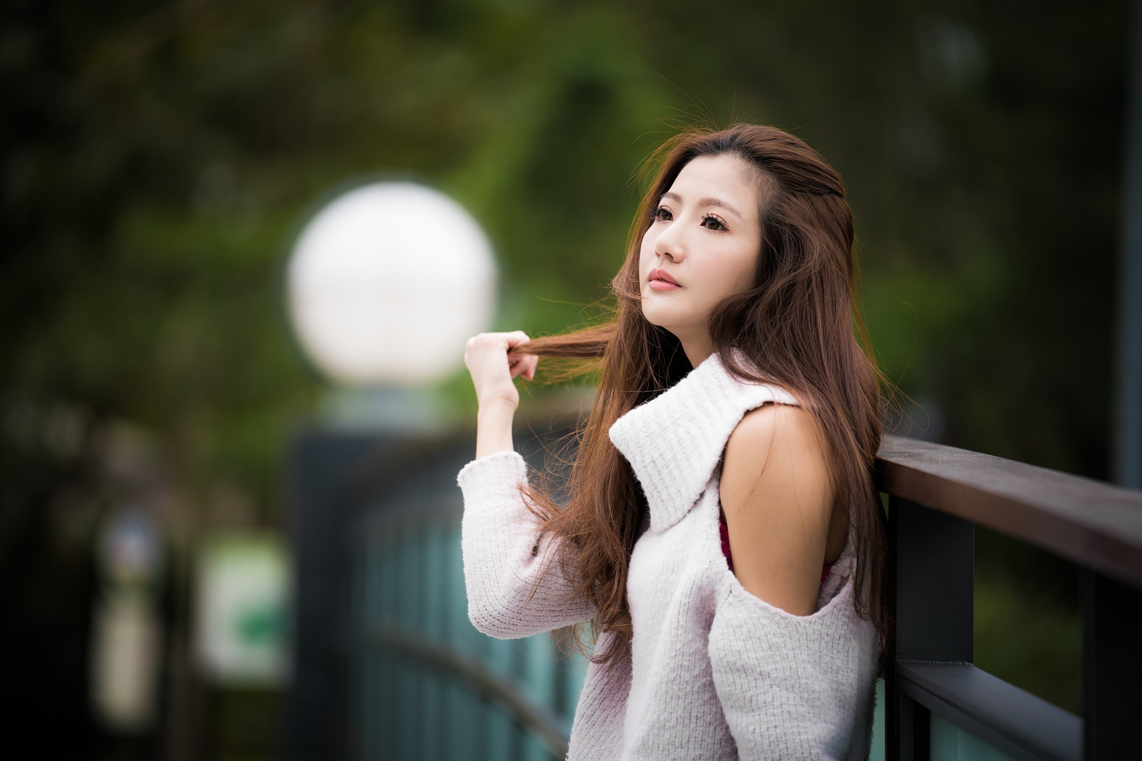Asian woman with brown hair wearing a sweater HD Wallpaper
