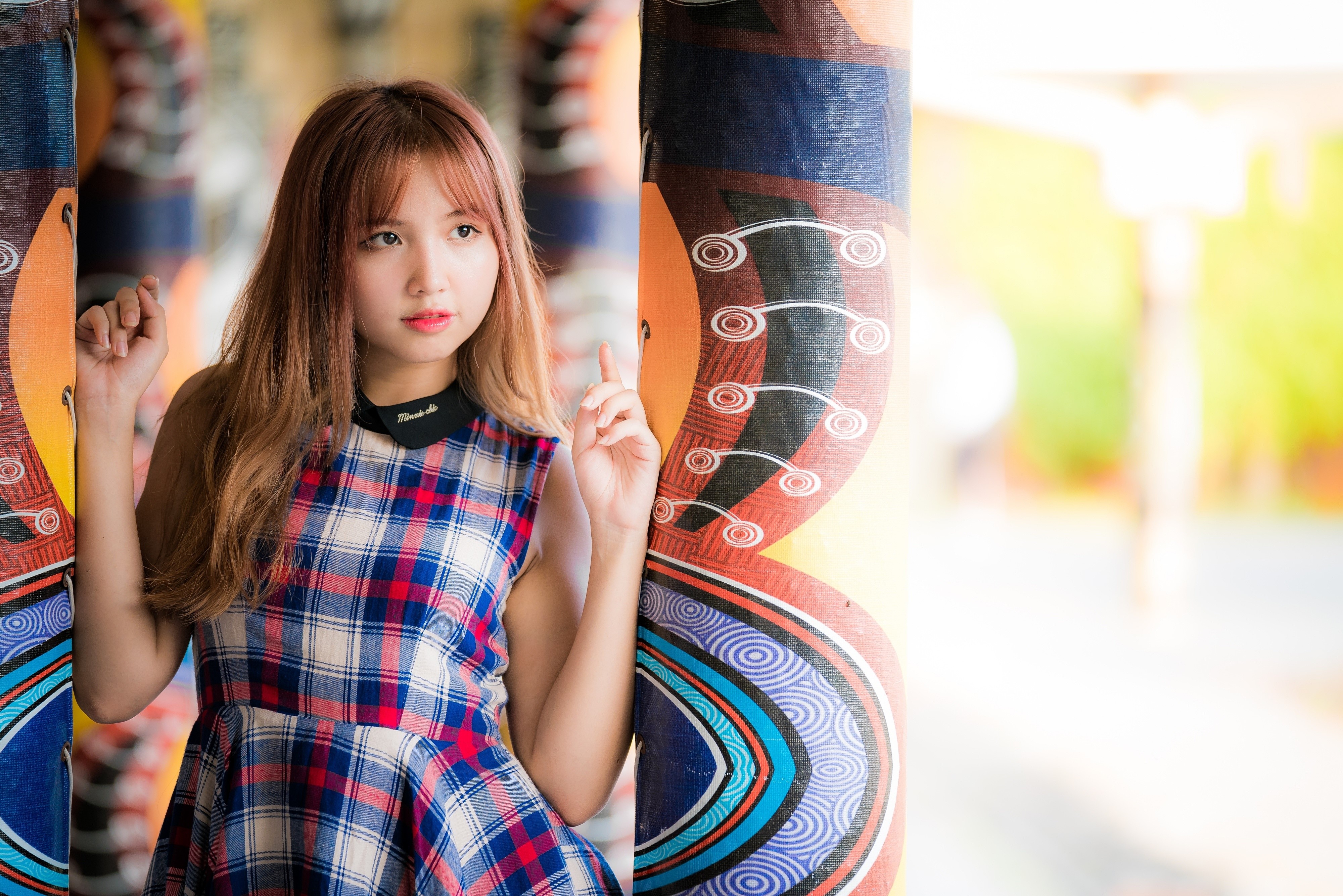 Asian girl with brown hair in plaid dress HD Wallpaper