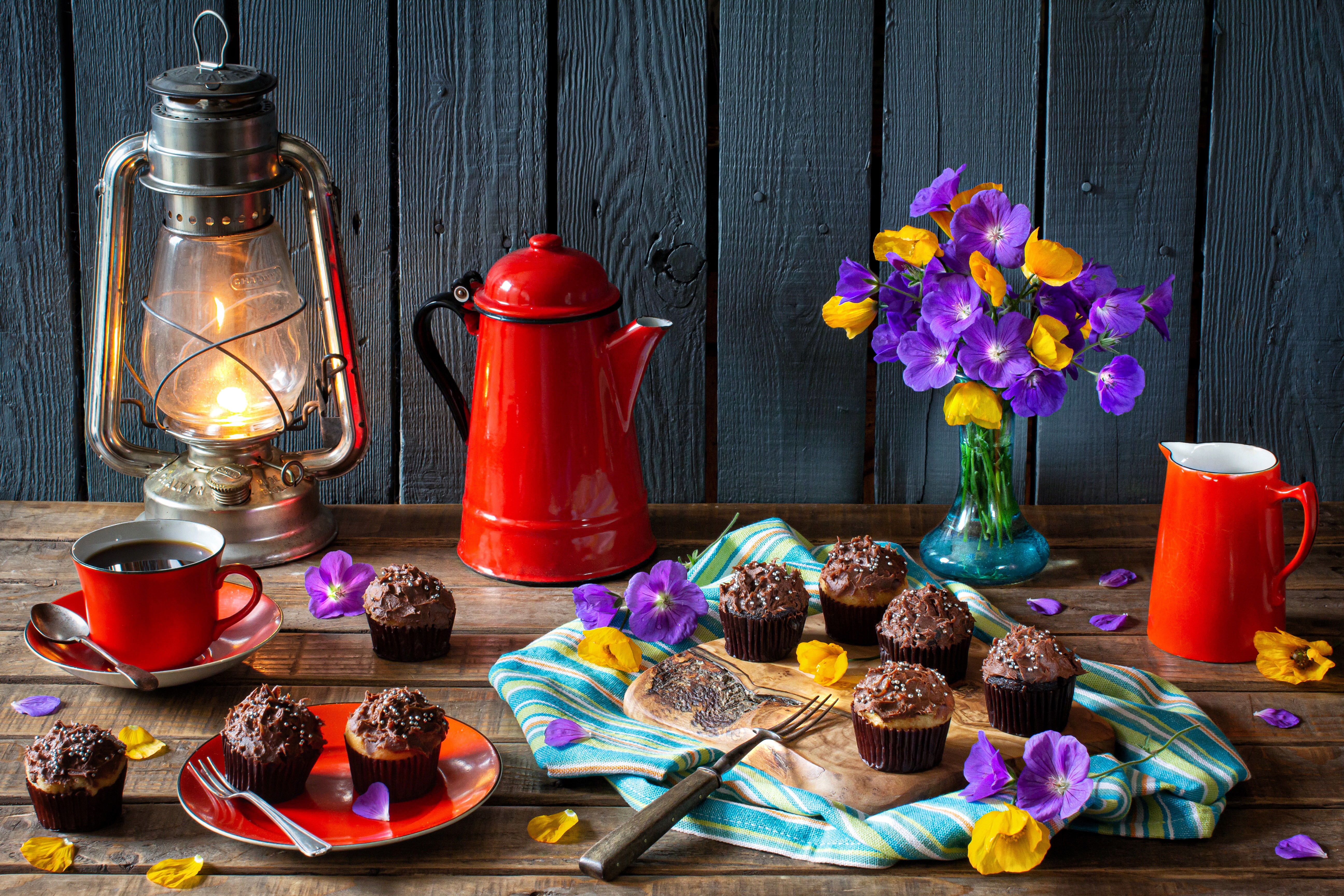 Still-life with Kerosene lamp, Kettle, Coffee, and Little cakes HD Wallpaper