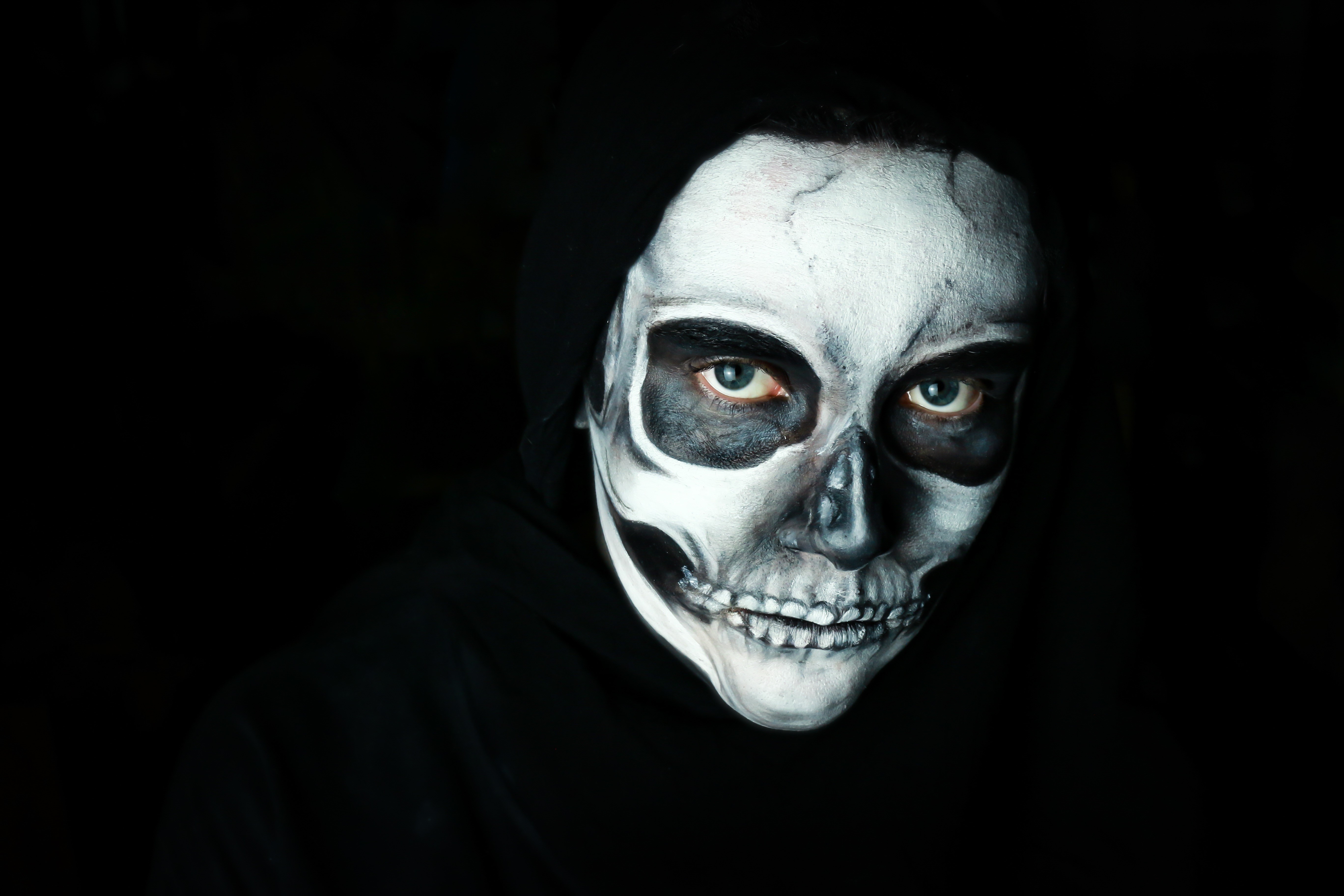 Person with skull makeup and hood HD Wallpaper