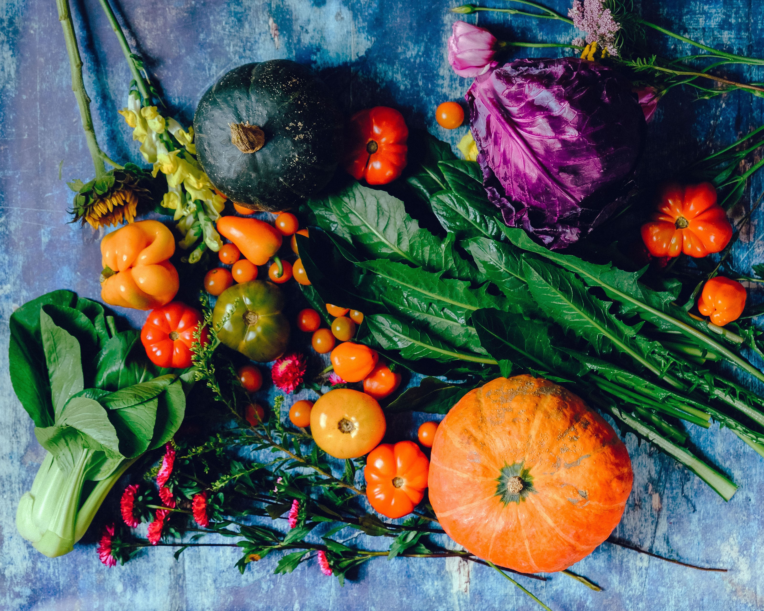 Assortment of fresh vegetables and pumpkins HD Wallpaper