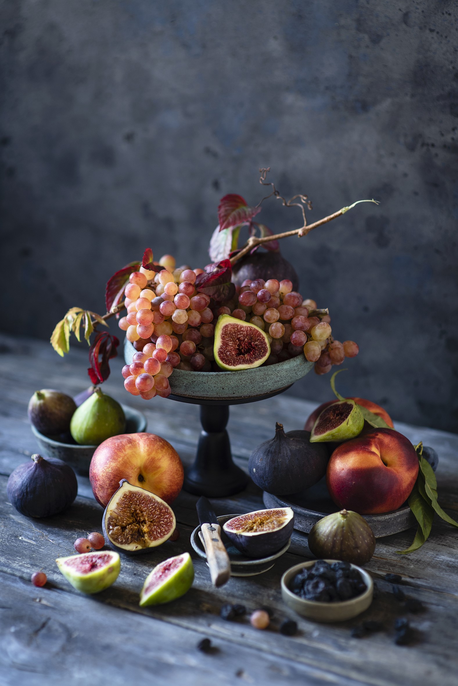 Still life of fruits including grapes, figs, and peaches HD Phone Wallpaper