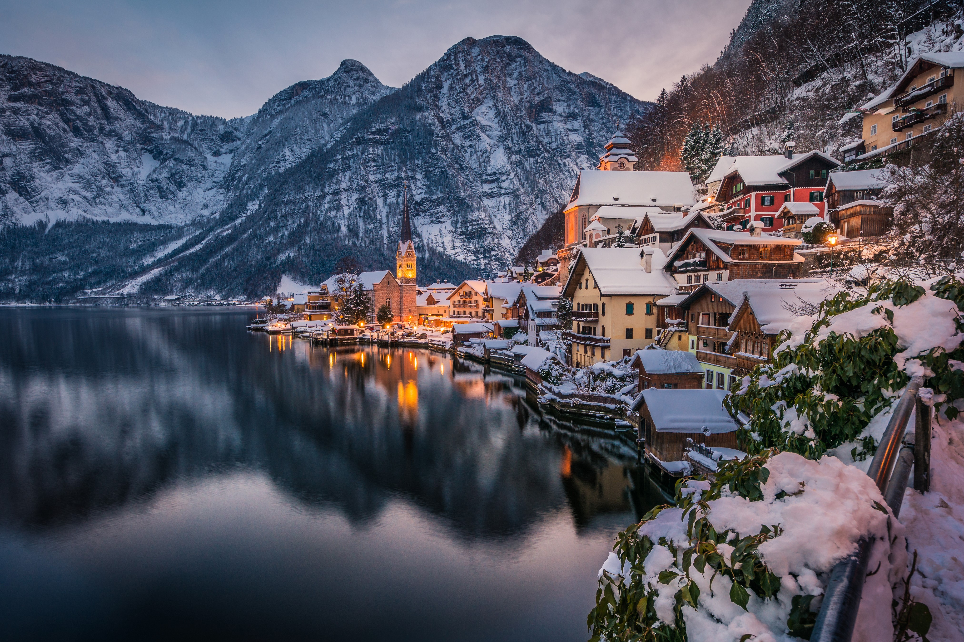 Hallstatt Austria Houses Mountains Lake Winter Evening Snow HD Wallpaper