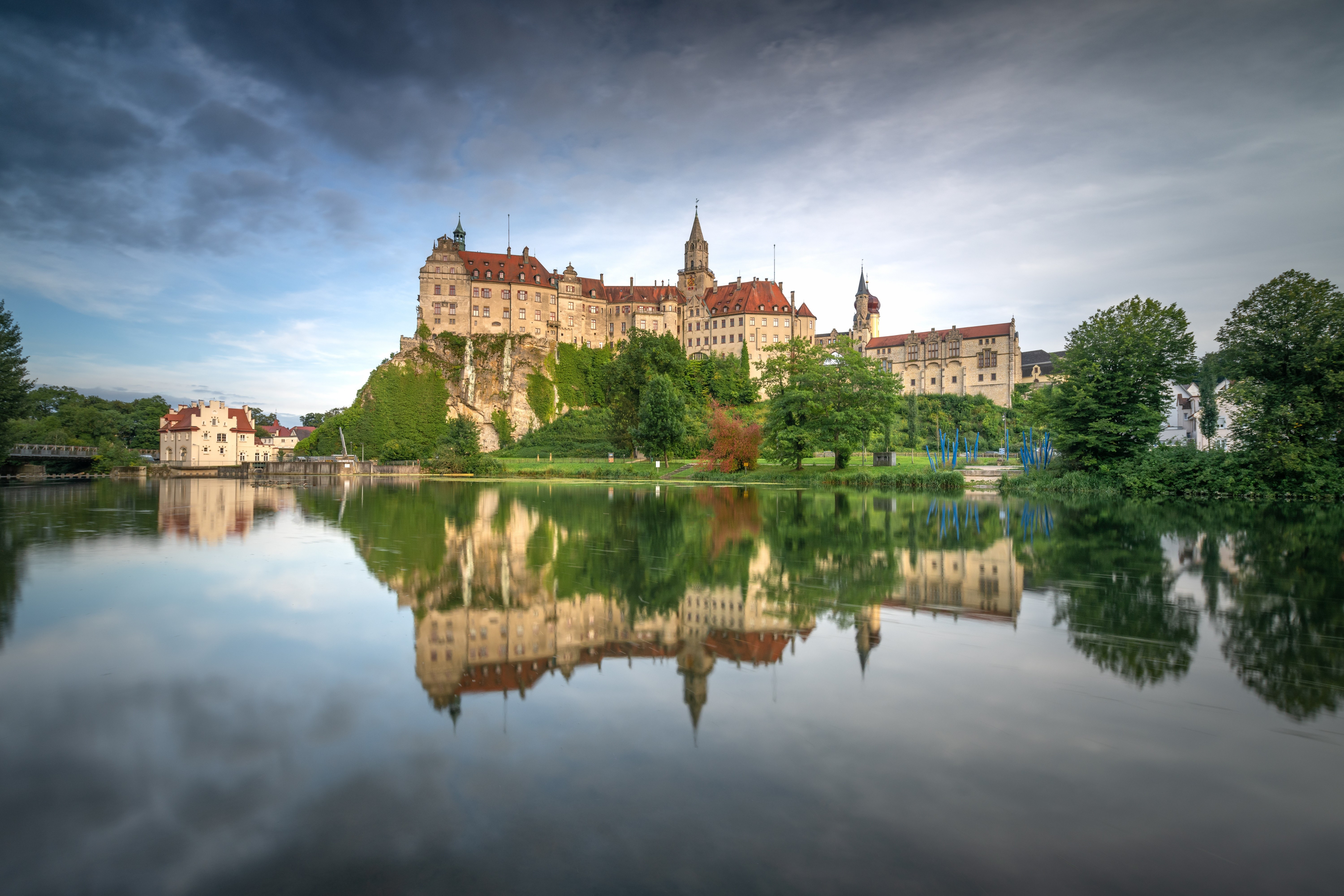 Schloss Sigmaringen Castle reflected in the Danube River, Germany HD Wallpaper