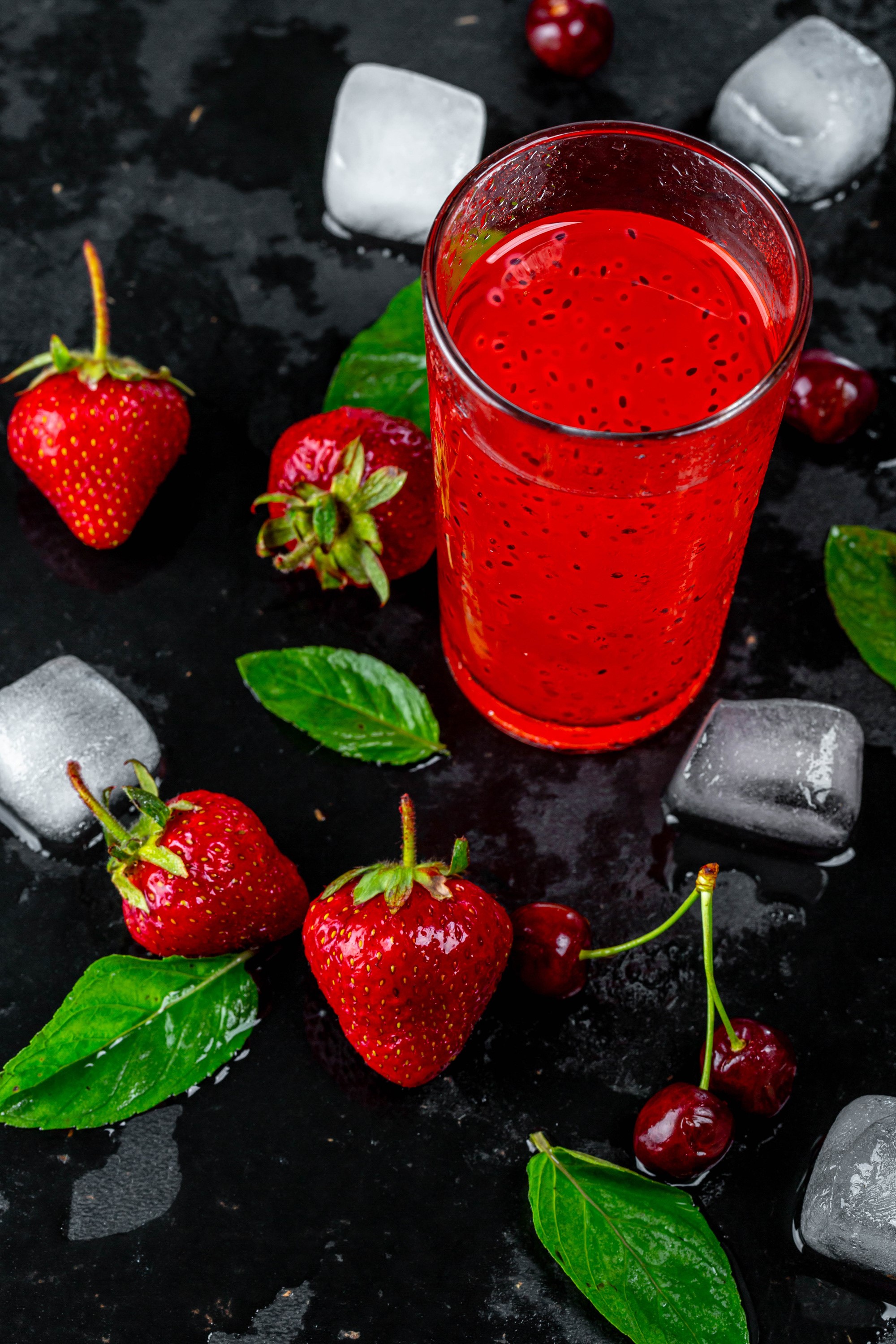 Strawberry and cherry juice with ice and mint HD Phone Wallpaper