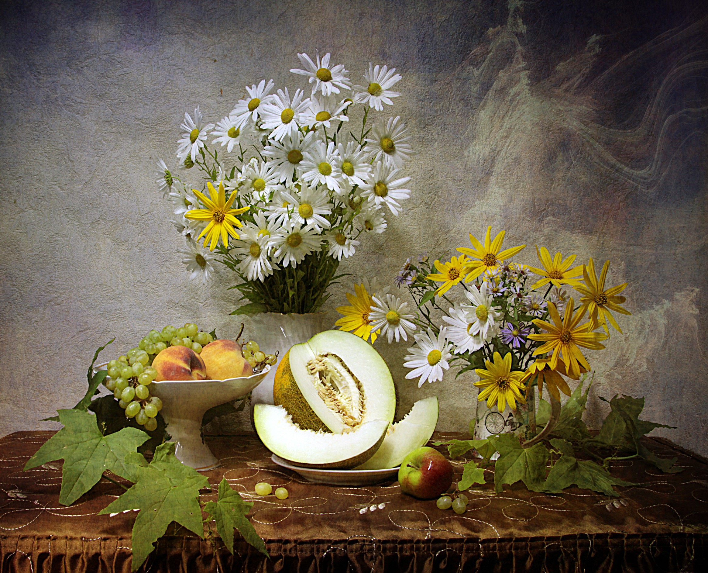 Still-life with bouquets of daisies and yellow flowers, fruits, and melon HD Wallpaper