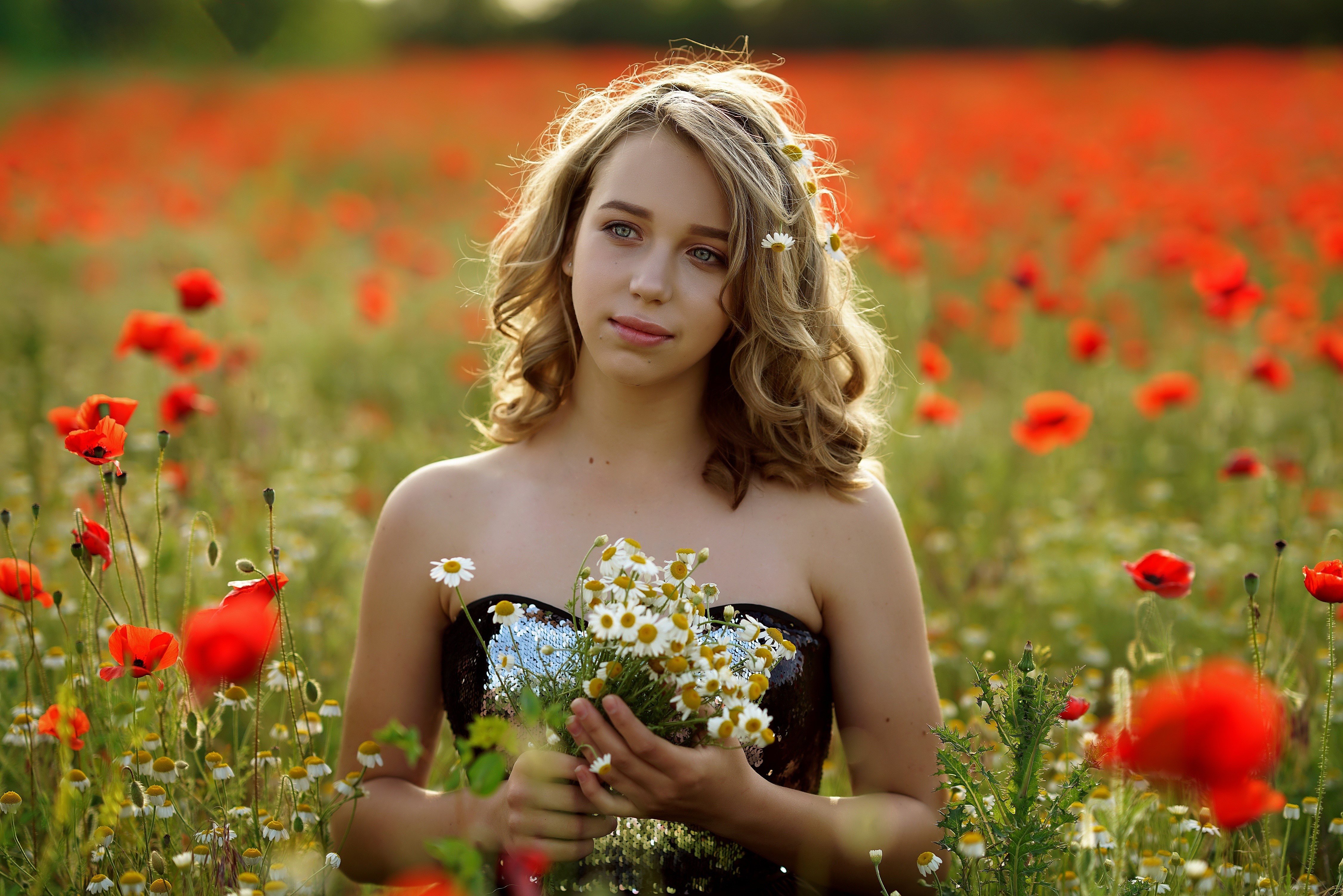 Girl with bouquet in poppy field HD Wallpaper