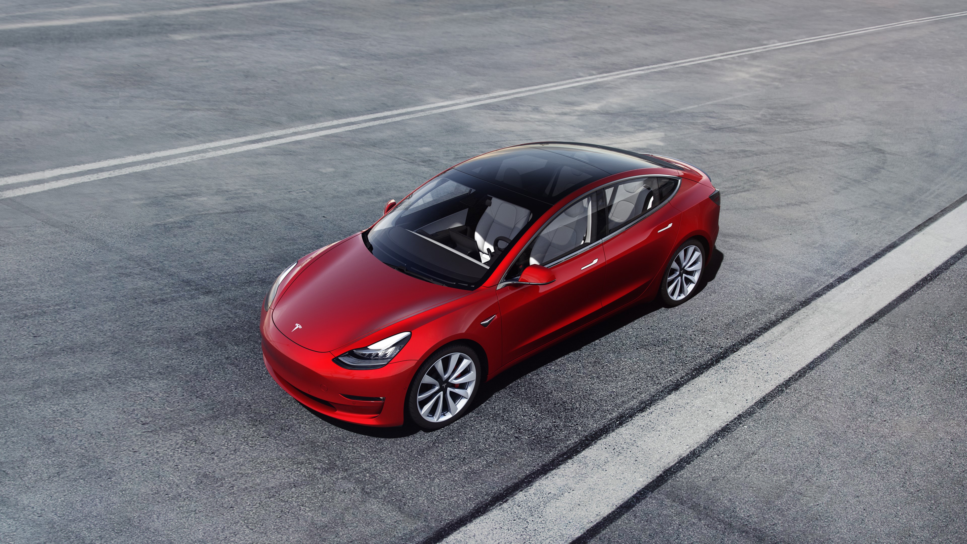 4K Red Tesla Model 3 from Above HD Wallpaper