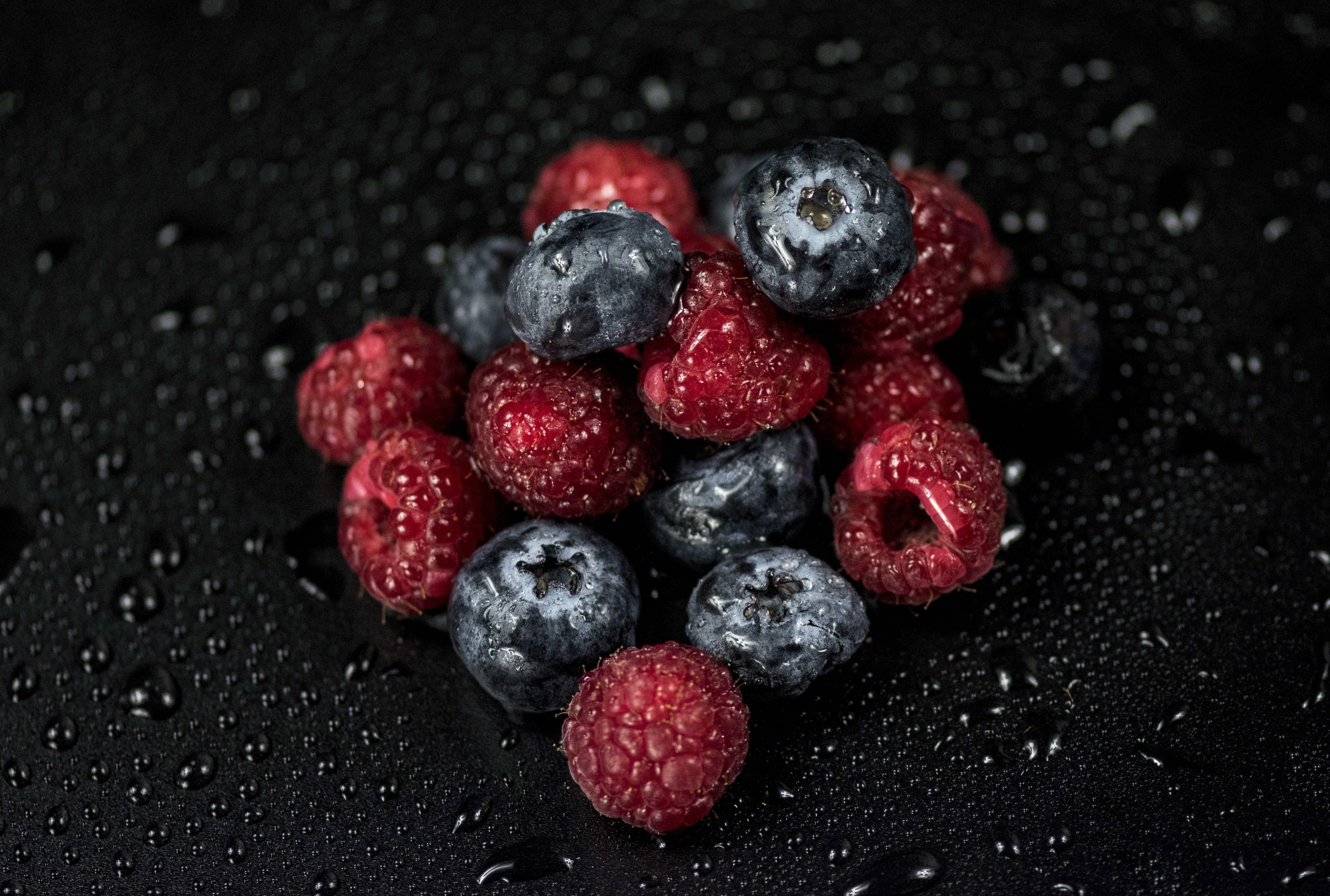 Raspberries and Blueberries with Water Drops HD Wallpaper