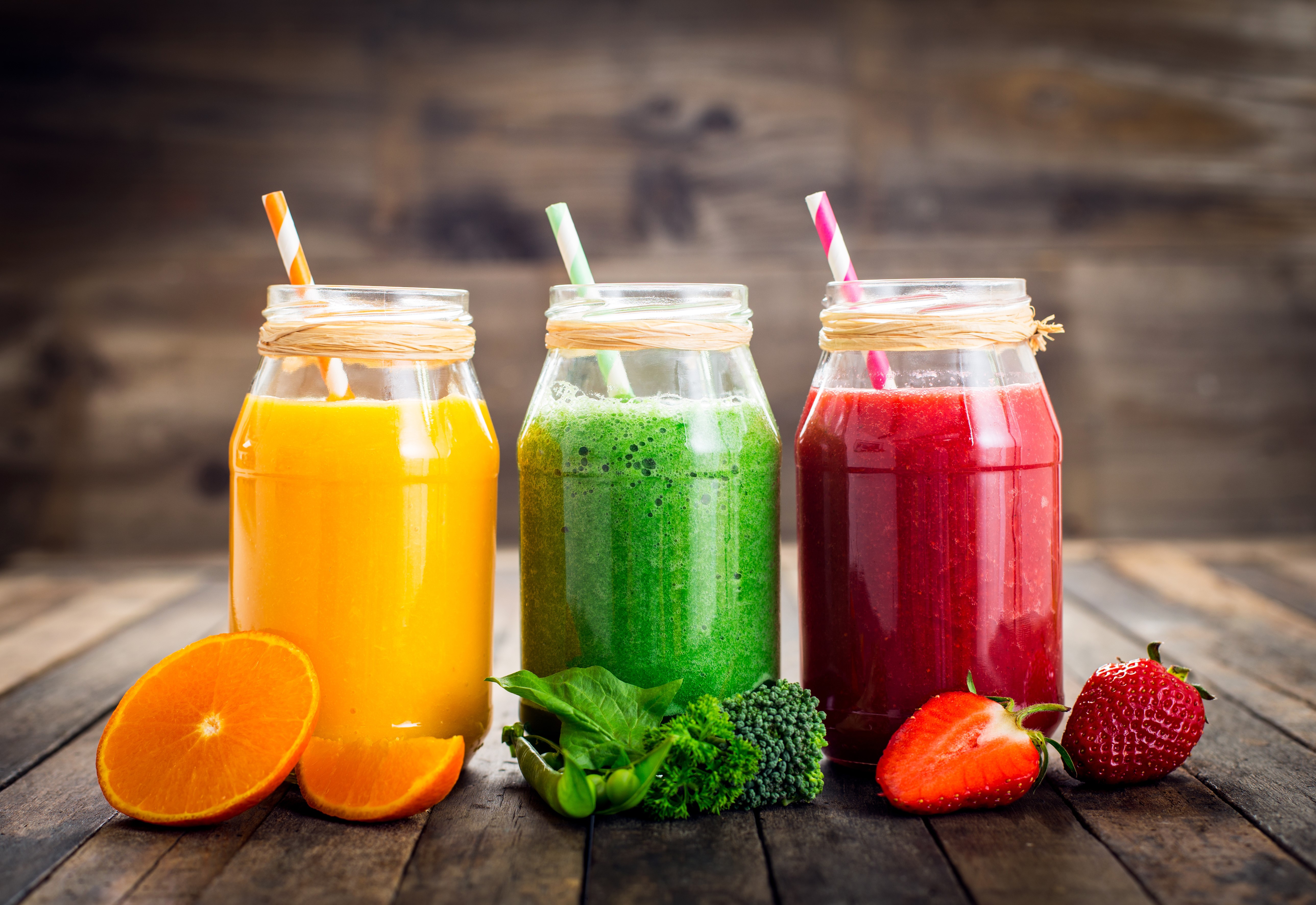 Three Smoothies in Jars with Fruits HD Wallpaper