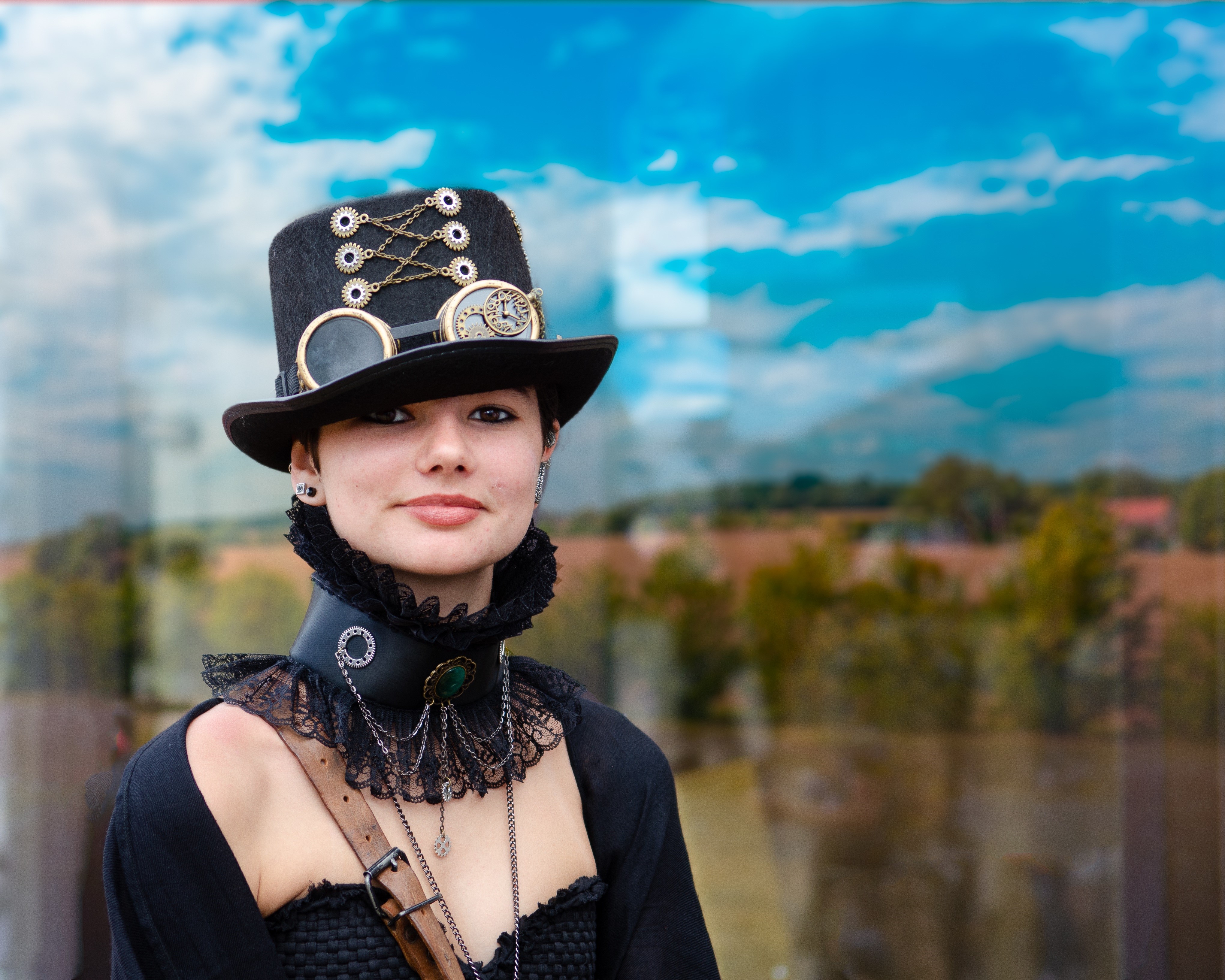 Steampunk woman in hat and goggles HD Wallpaper
