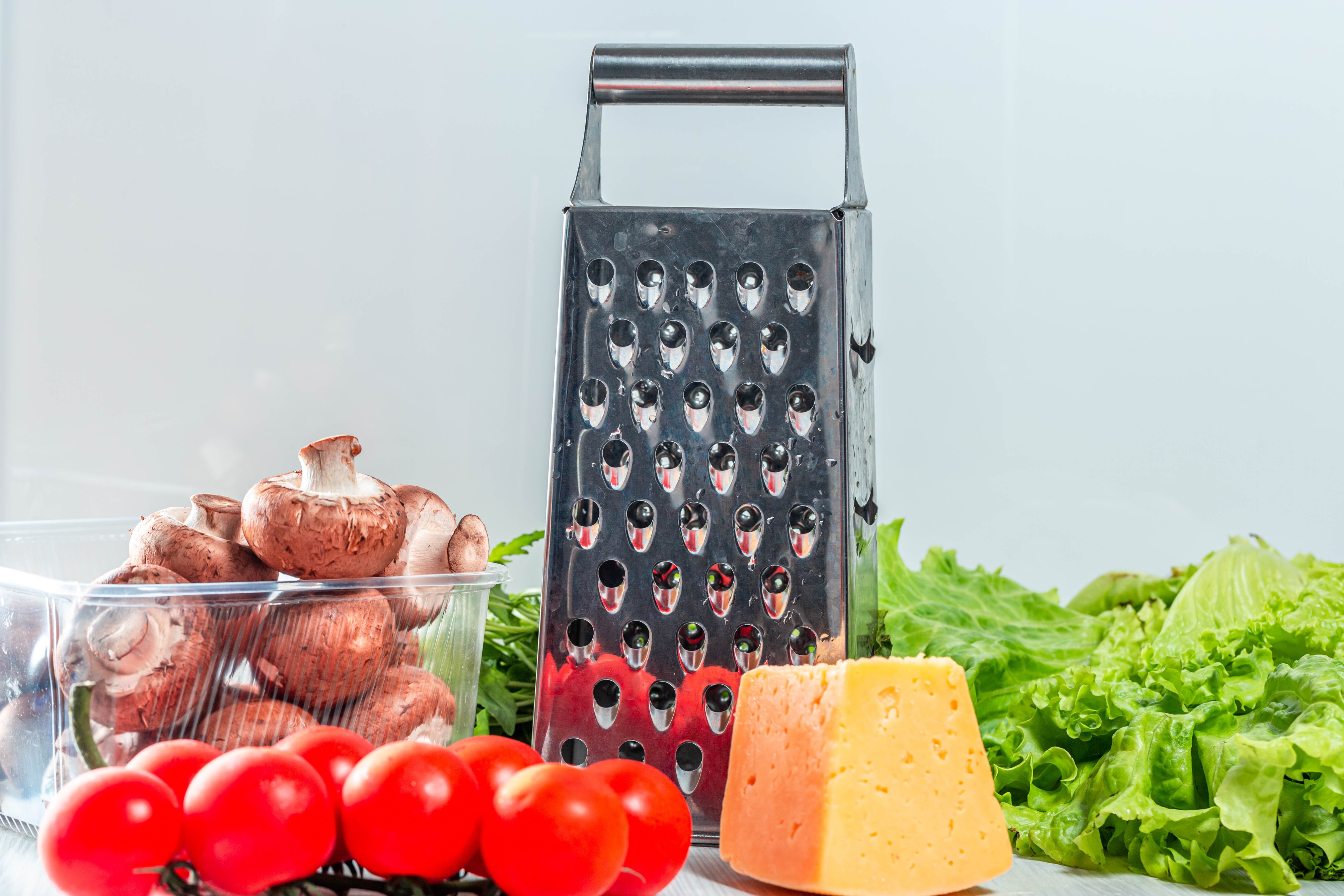 4K Mushrooms, Tomatoes, Cheese, and Grater HD Wallpaper