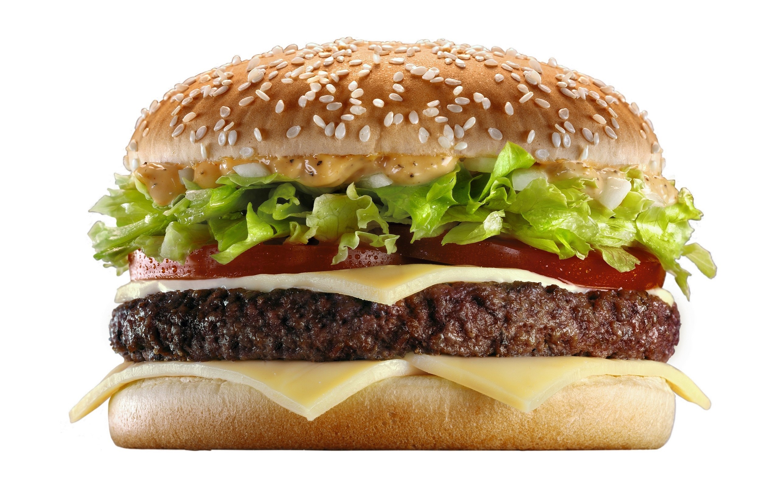 Hamburger with cheese, lettuce, and tomato on a white background HD Wallpaper