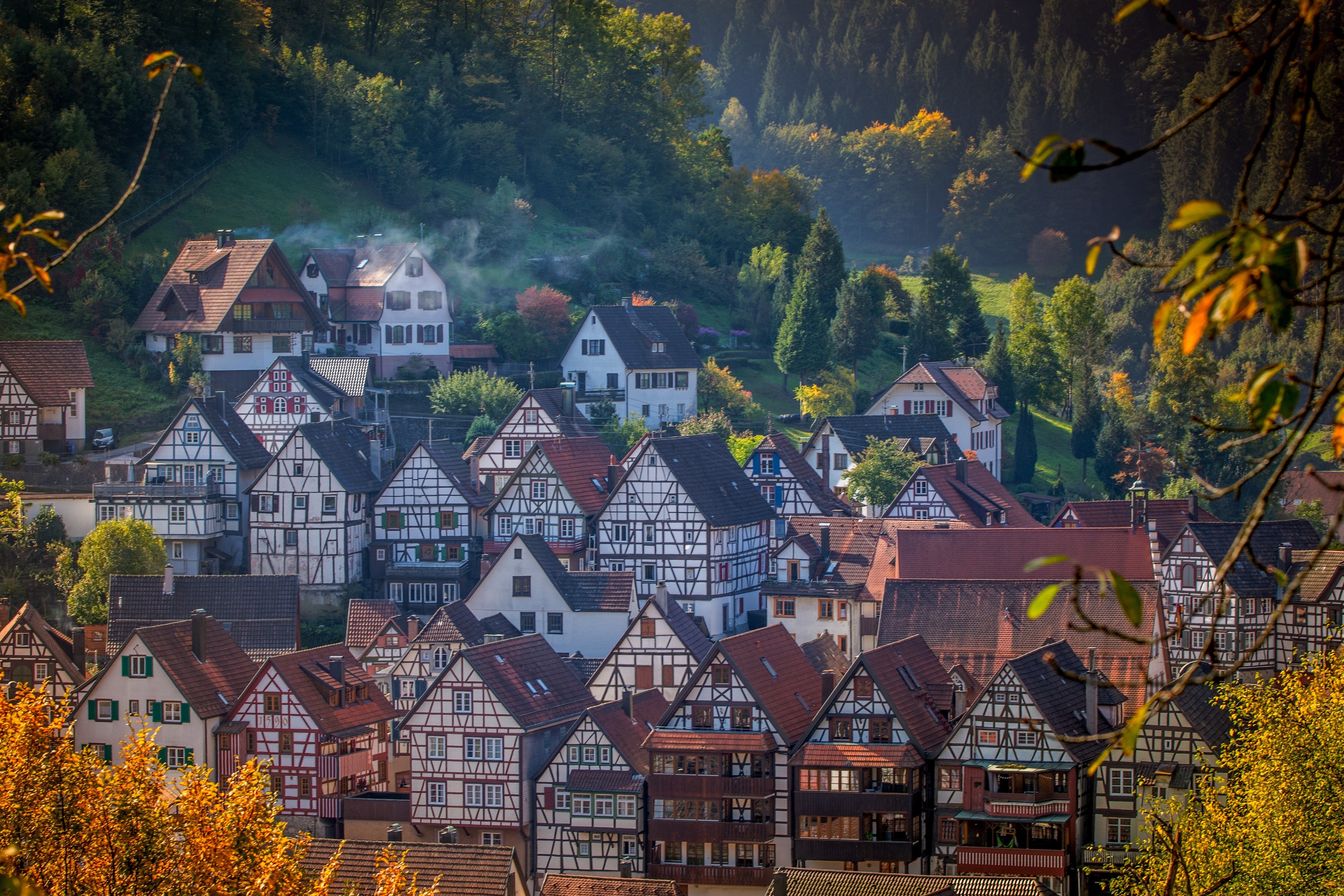 Half-timbered houses in a German village during autumn HD Wallpaper