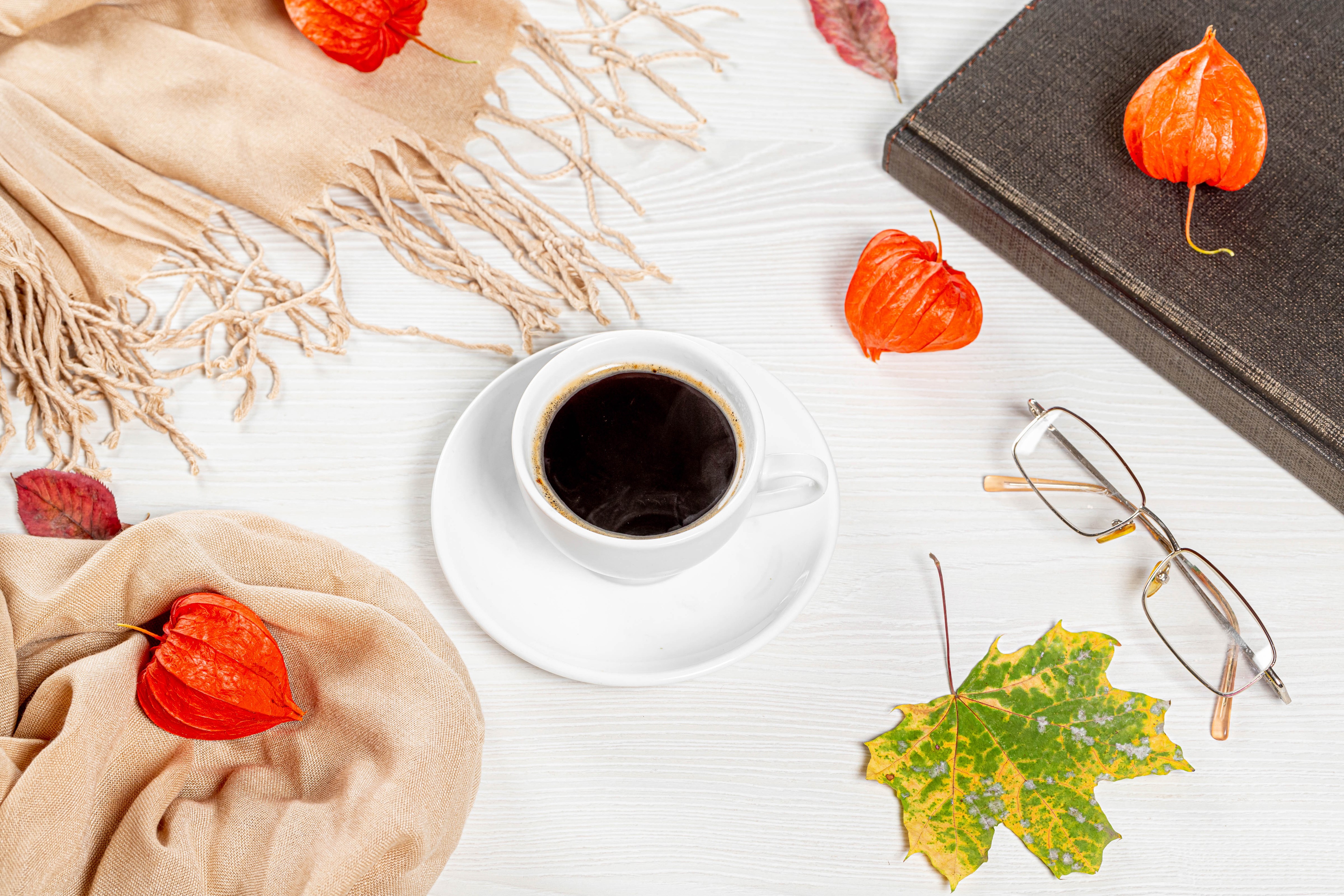 4K Physalis, Coffee, Cup, Glasses, Foliage HD Wallpaper