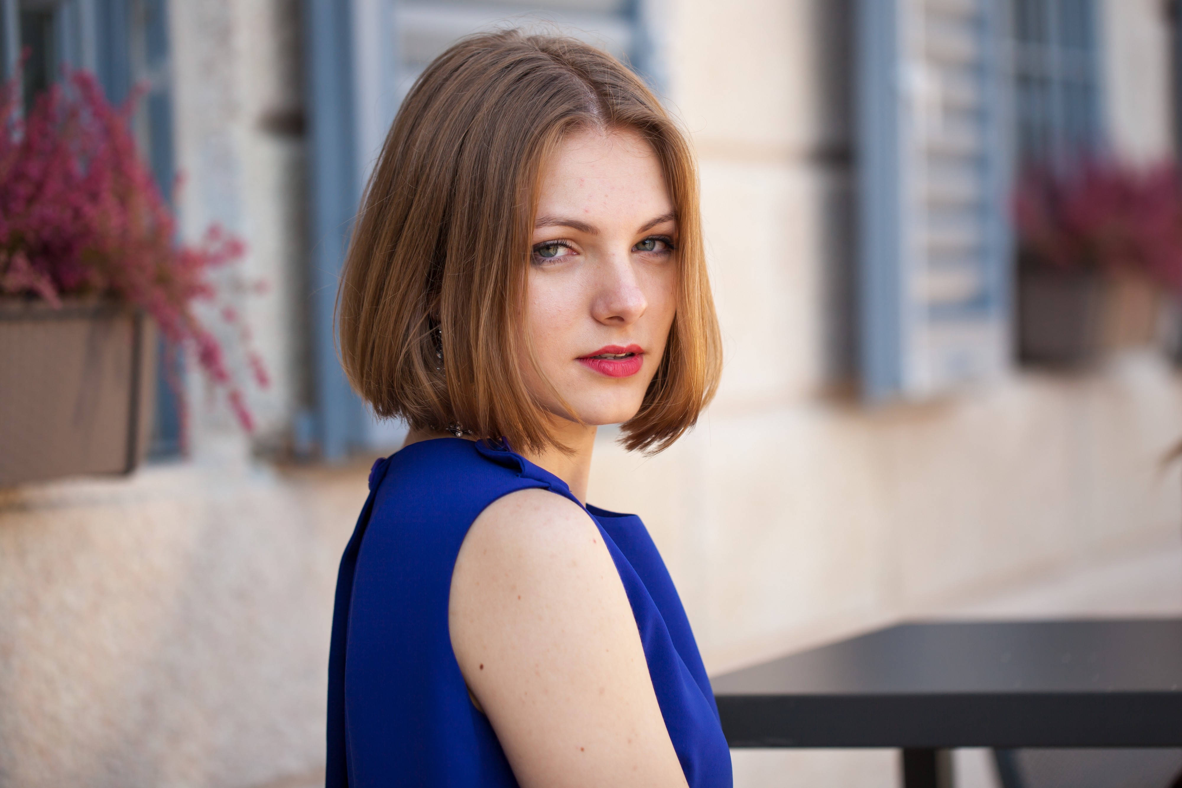 Woman with brown hair in blue dress HD Wallpaper