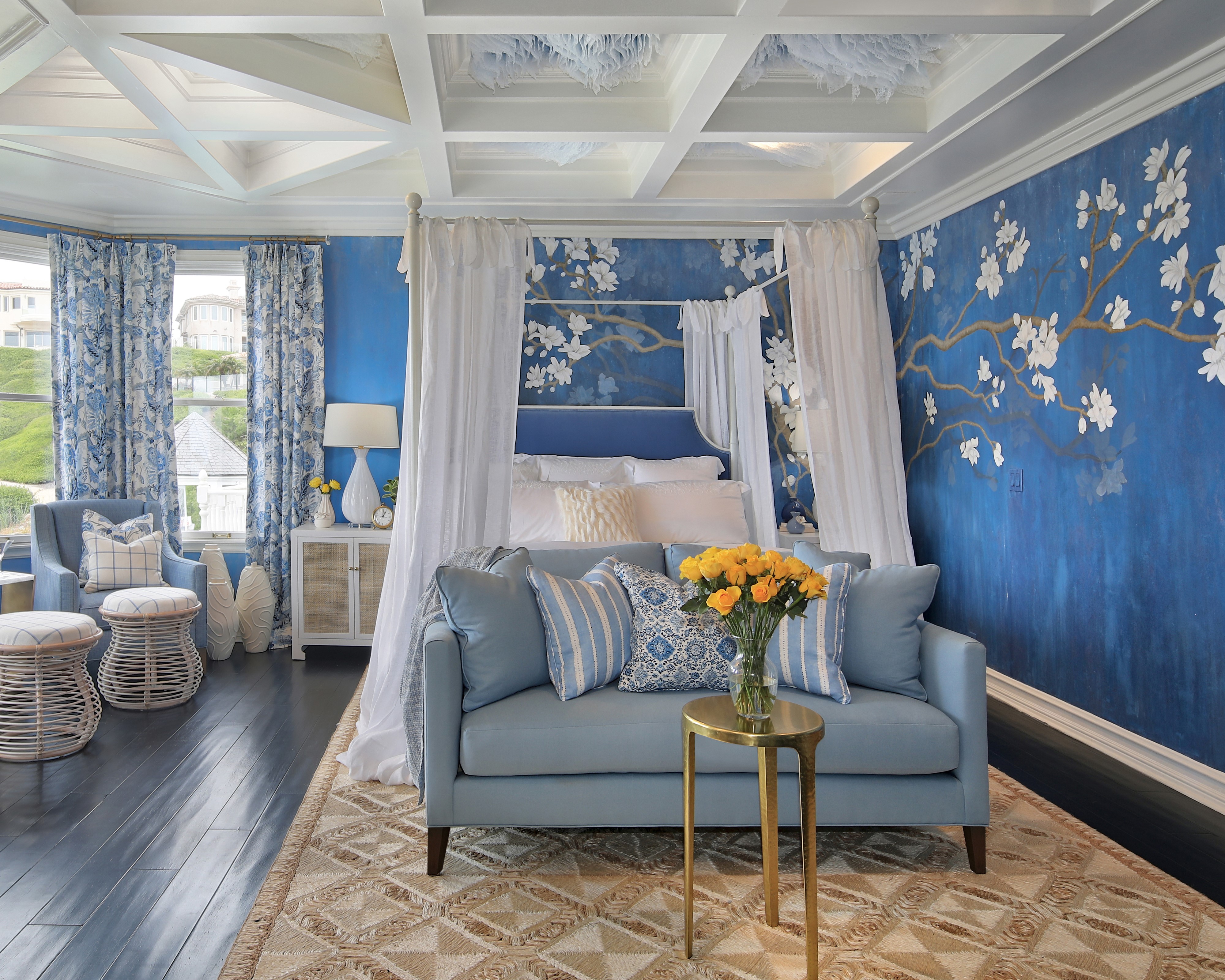 Bedroom with blue floral wallpaper and canopy bed HD Wallpaper