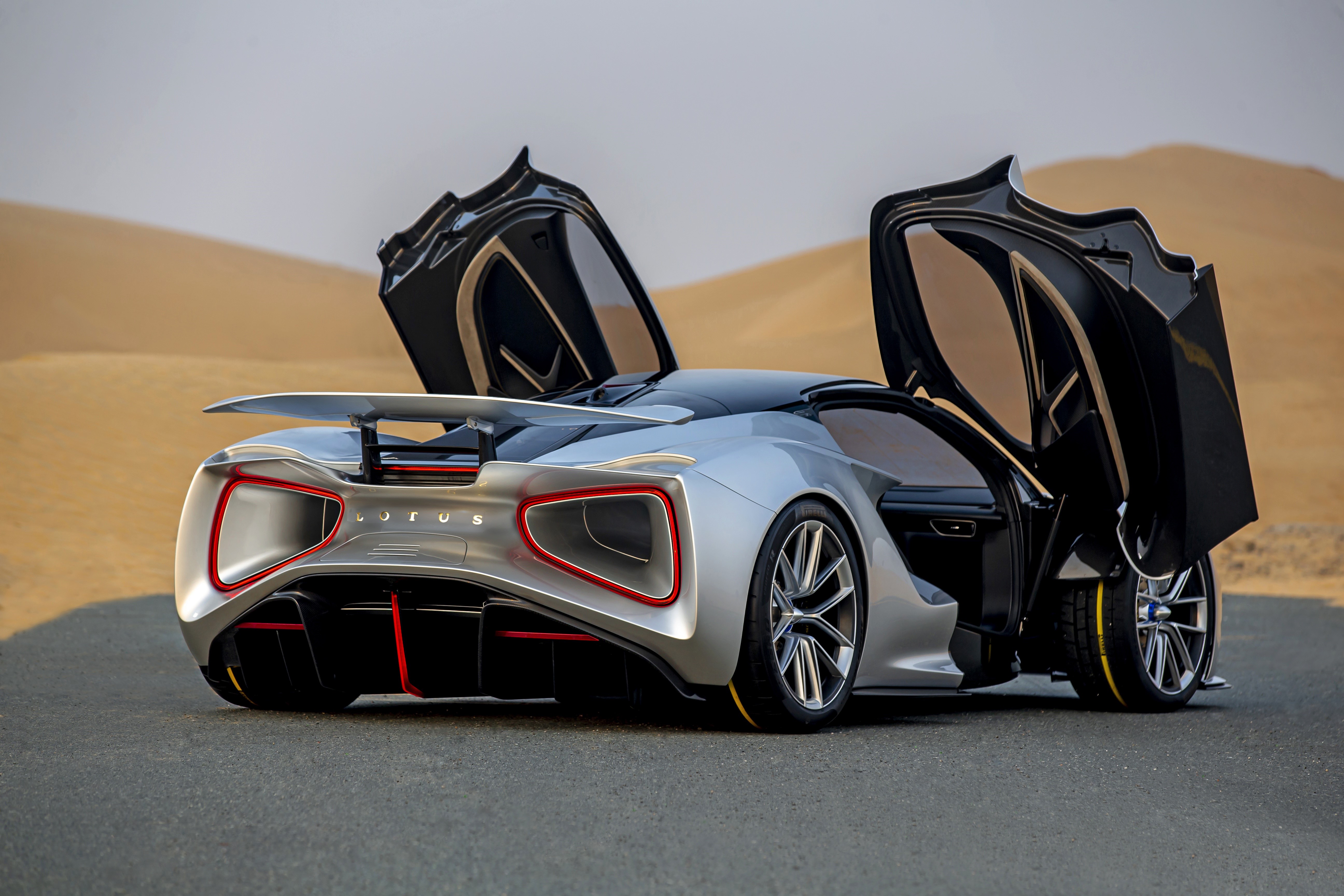 Lotus Evija 2020 Back View with Opened Doors HD Wallpaper