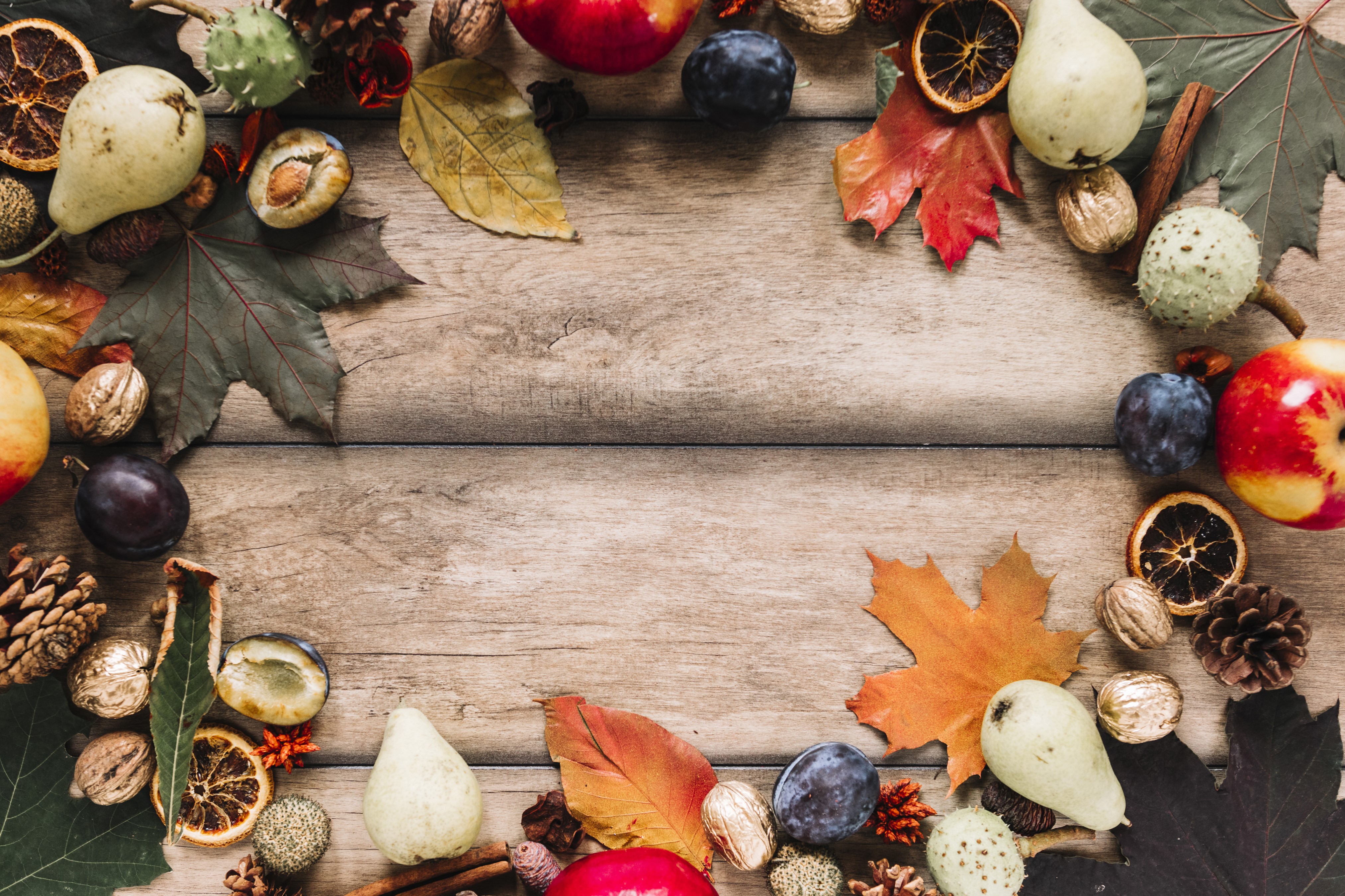 Autumn Harvest Fruits and Nuts on Wood HD Wallpaper