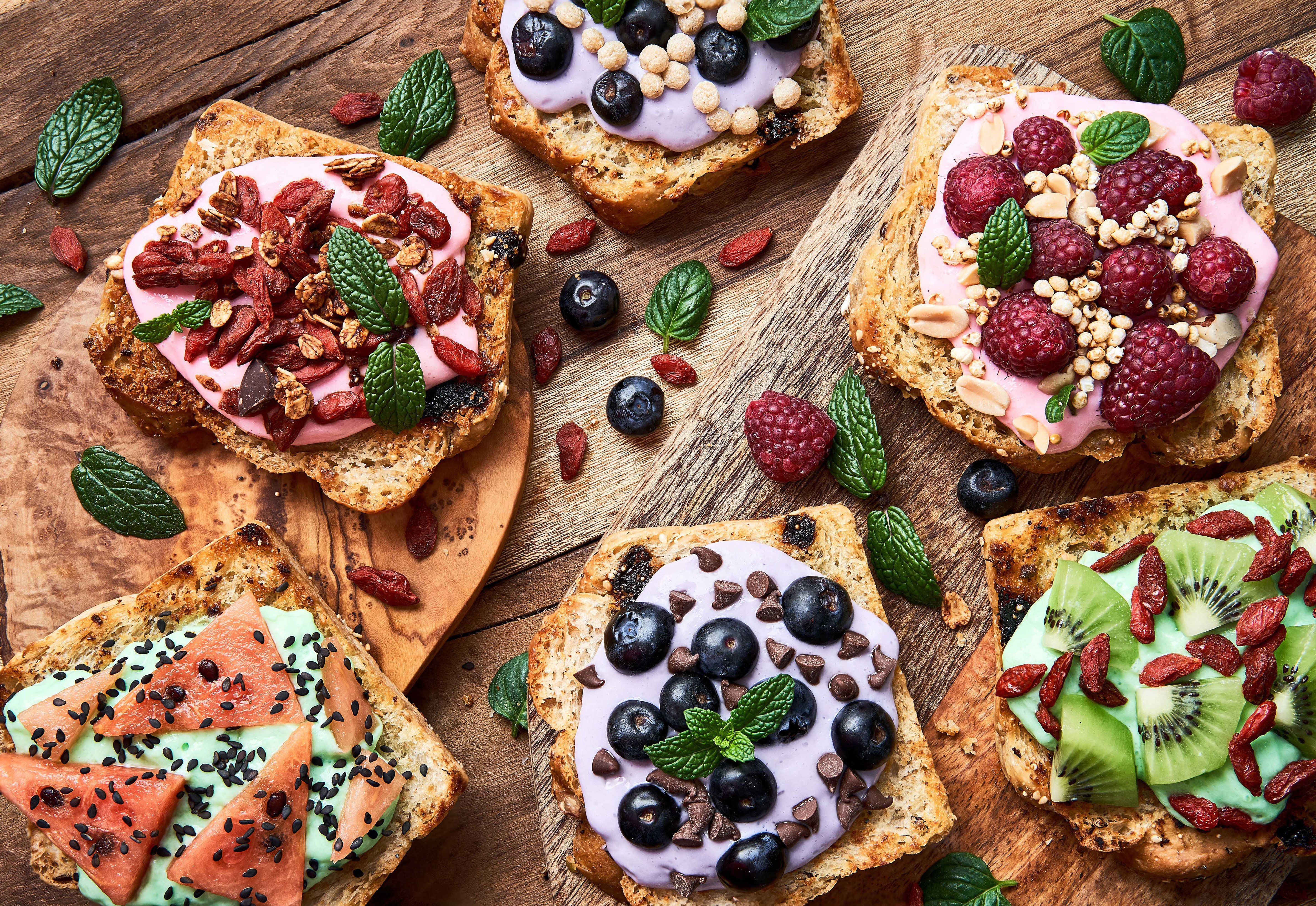 Assortment of Toasts with Fruits and Berries HD Wallpaper
