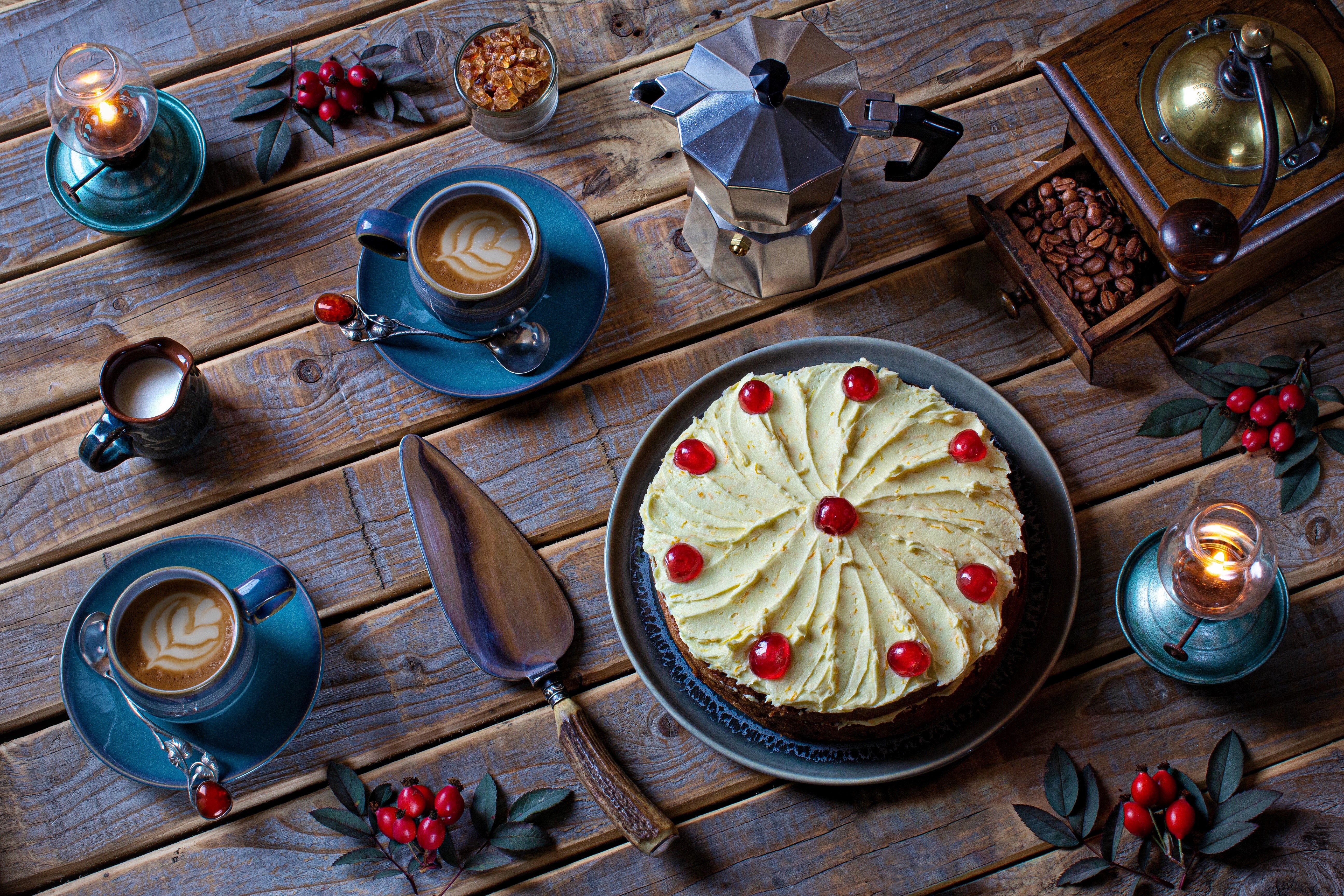 Coffee and Cake on a Wooden Table HD Wallpaper