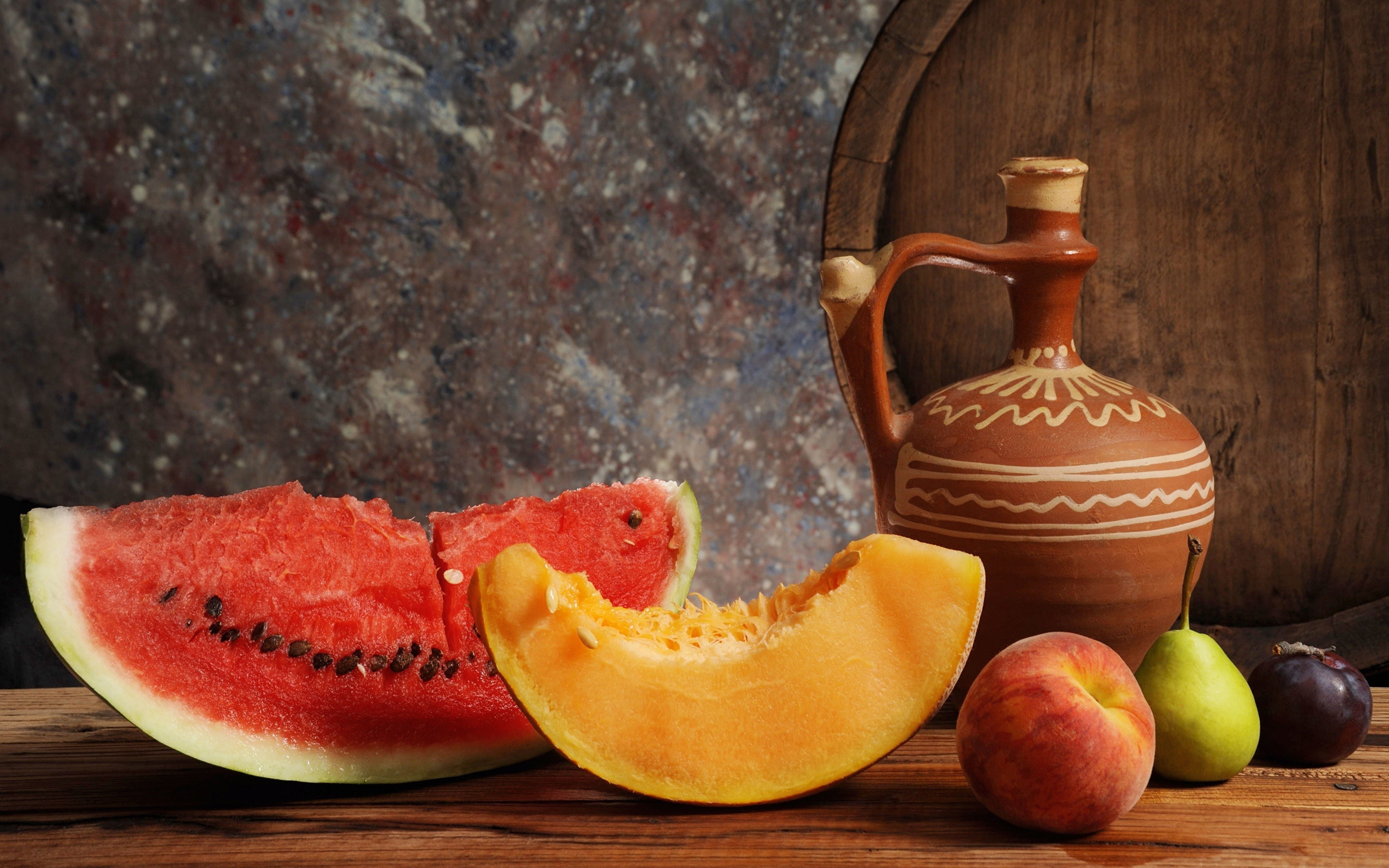 Still-life with watermelon, melon, peach, pear, plum, and jug HD Wallpaper