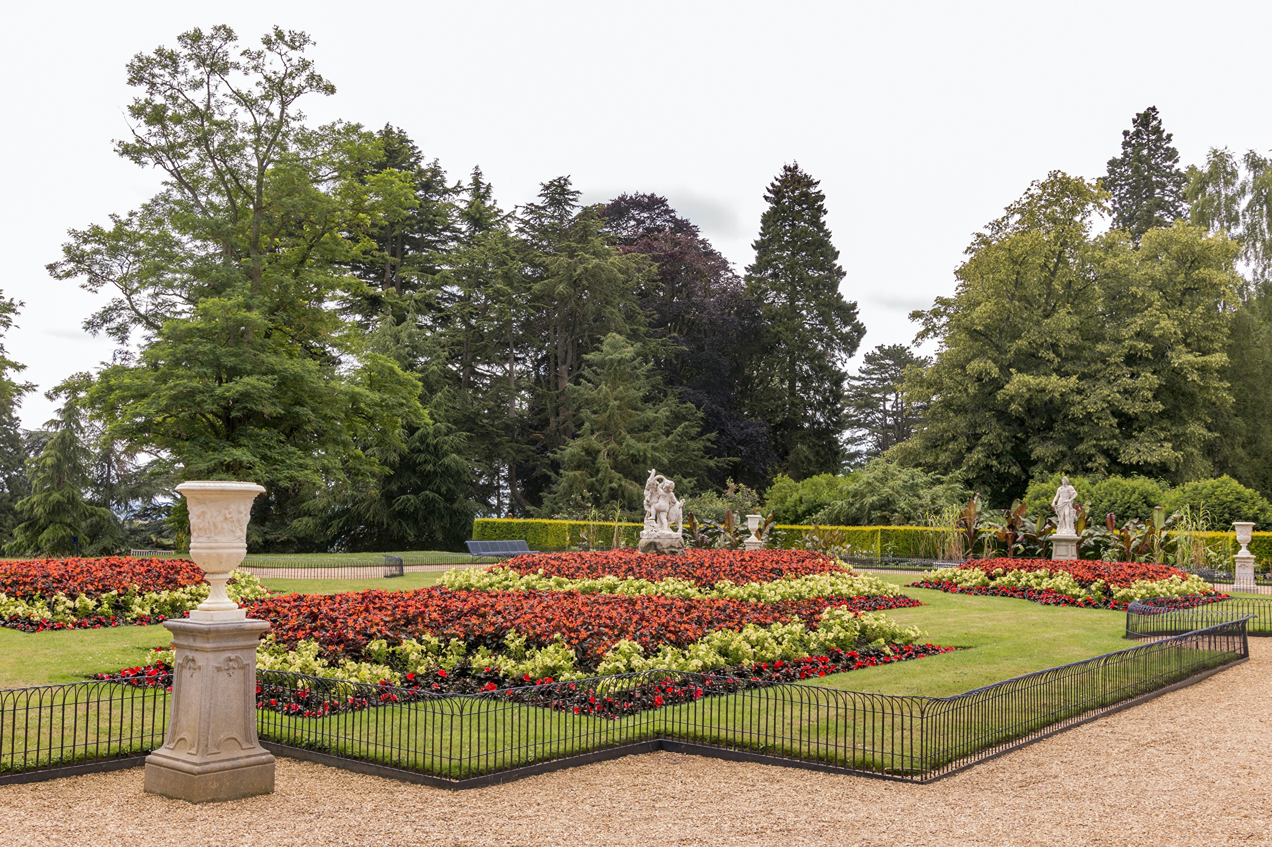 Waddesdon Manor Gardens with Sculptures and Flowerbeds HD Wallpaper