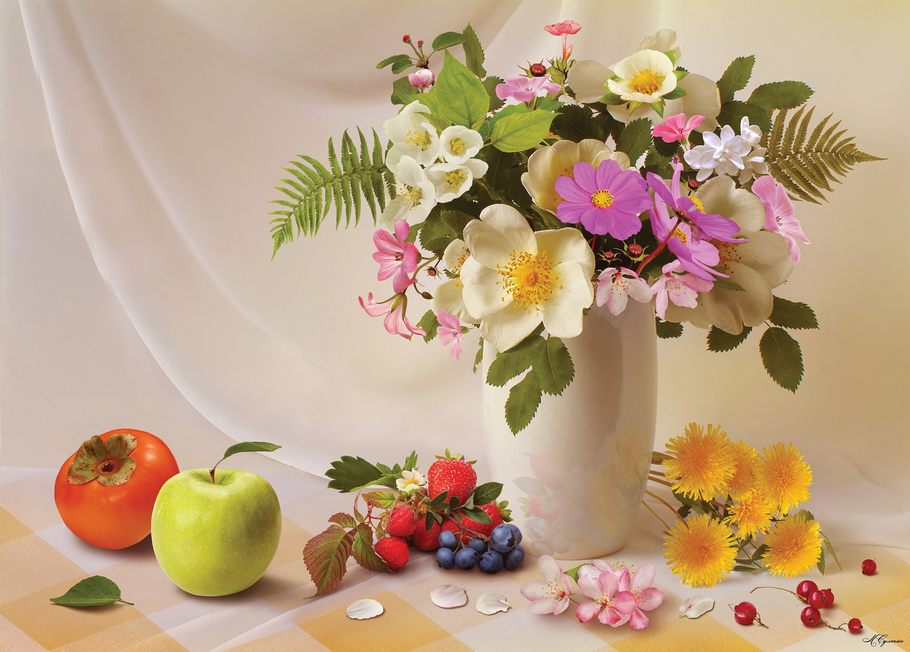 Still-life with flowers, fruits, and dandelions HD Wallpaper
