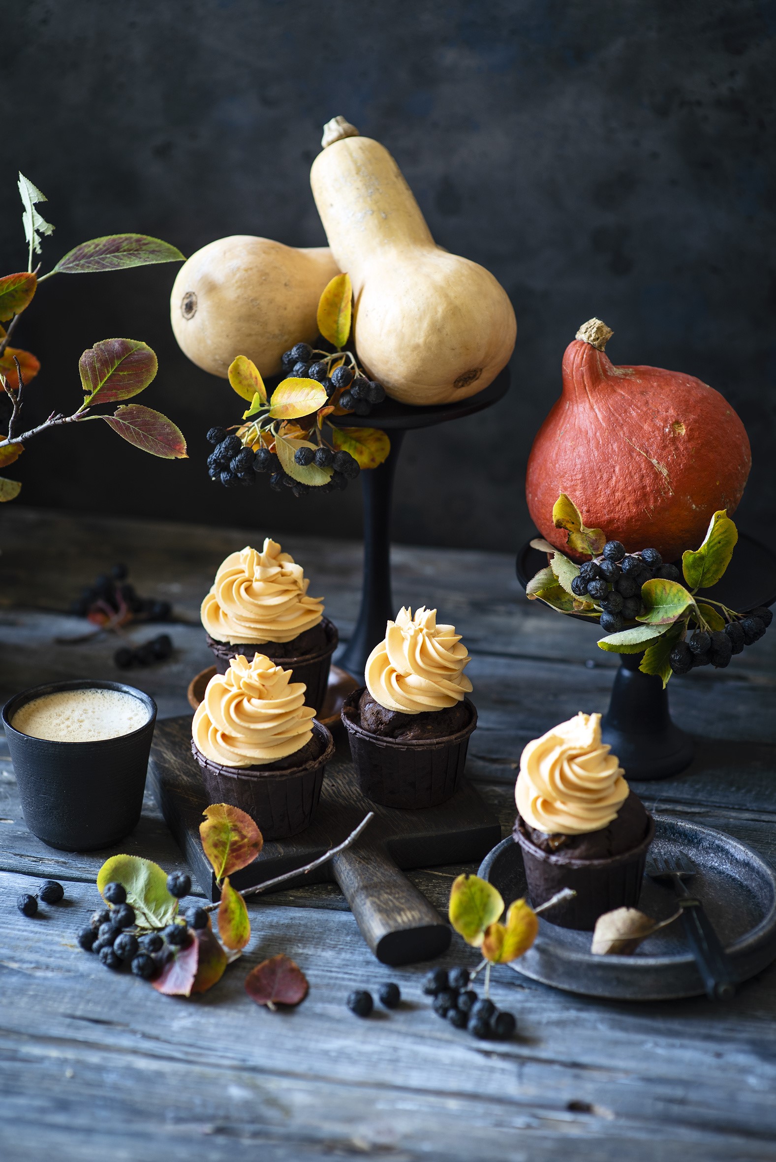 Still life with pumpkins, cupcakes, and coffee HD Phone Wallpaper