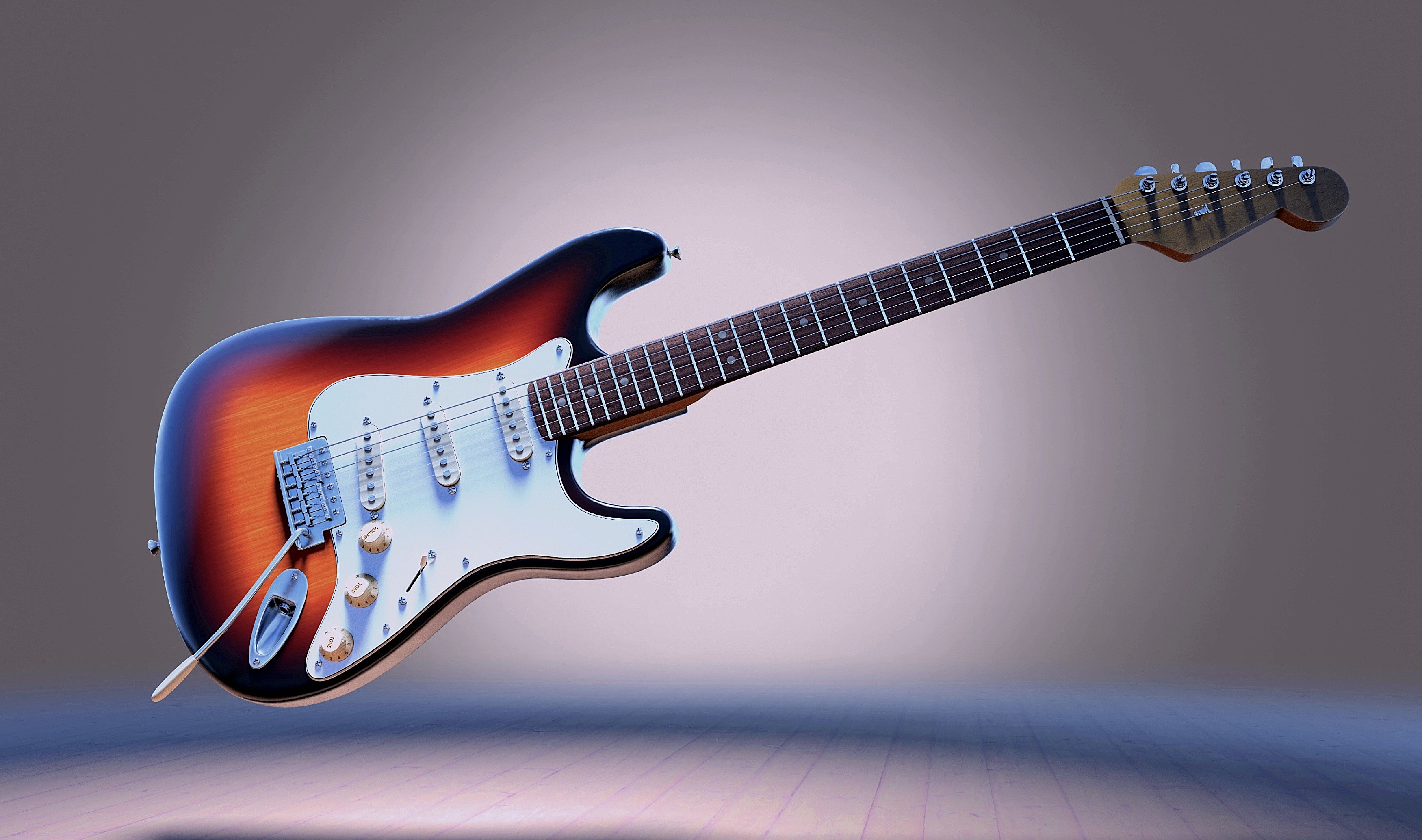 Sunburst electric guitar floating on a wooden floor HD Wallpaper