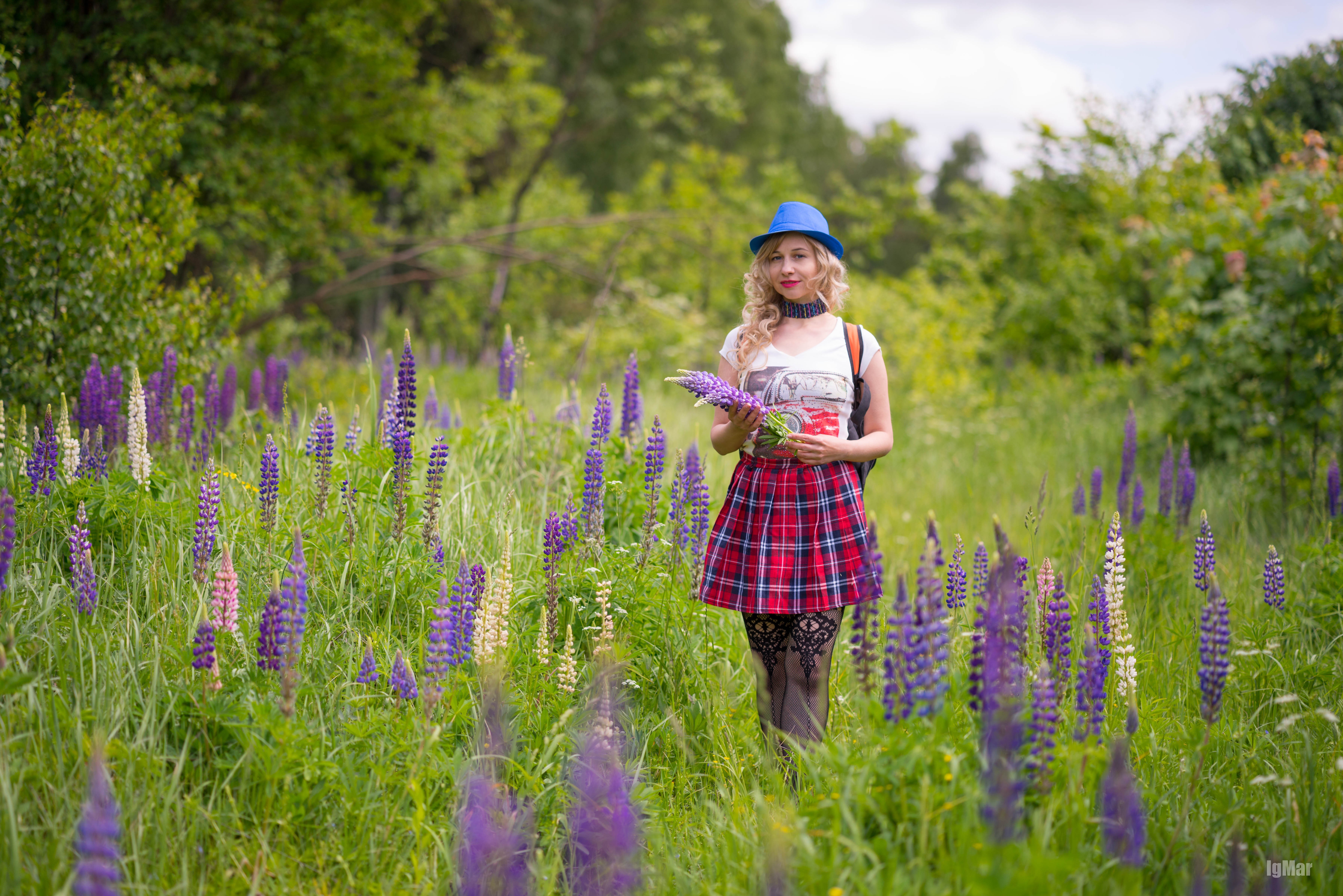 Blonde girl in a hat and skirt in a field of lupines HD Wallpaper