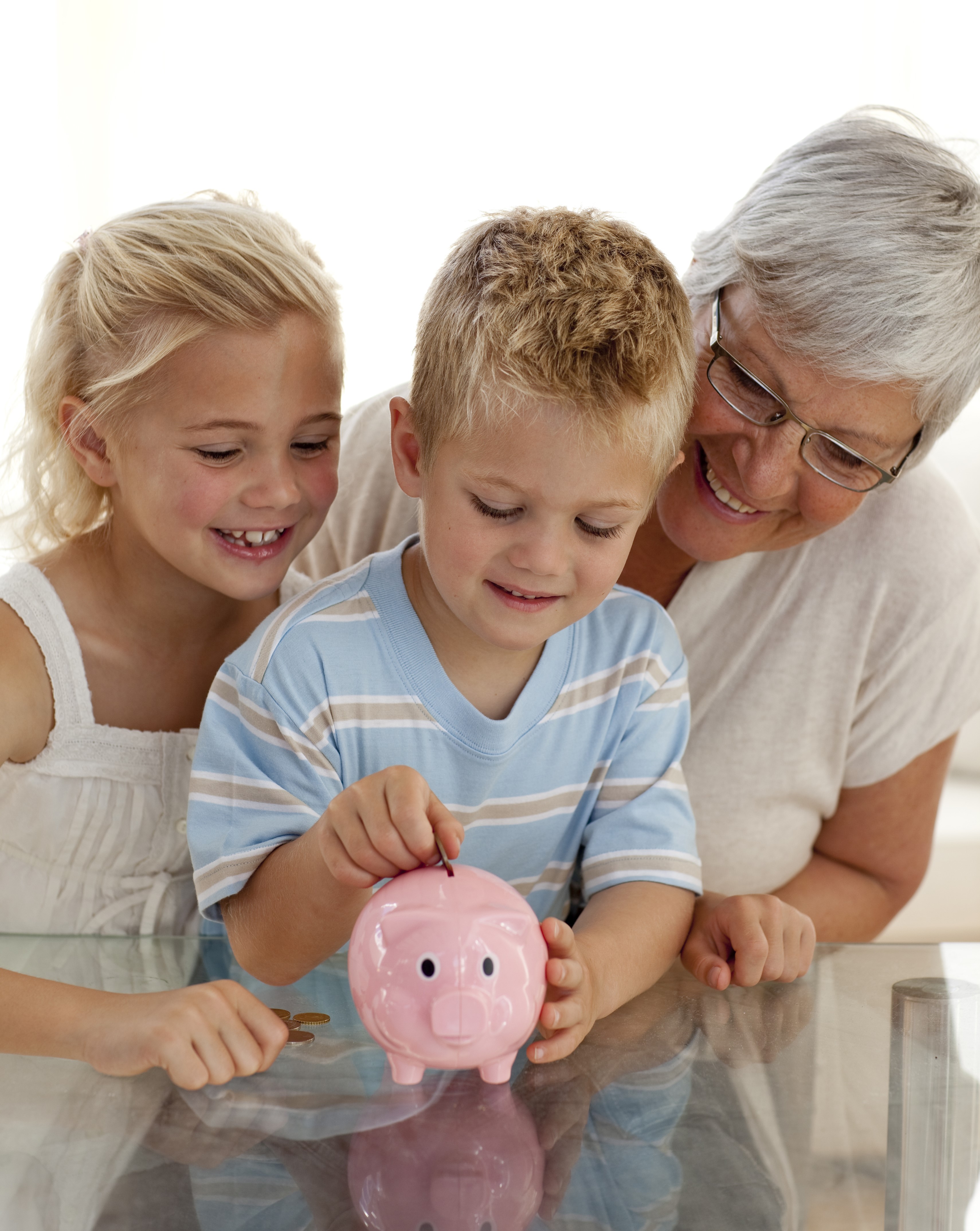 Children and Grandmother with Piggy Bank HD Phone Wallpaper