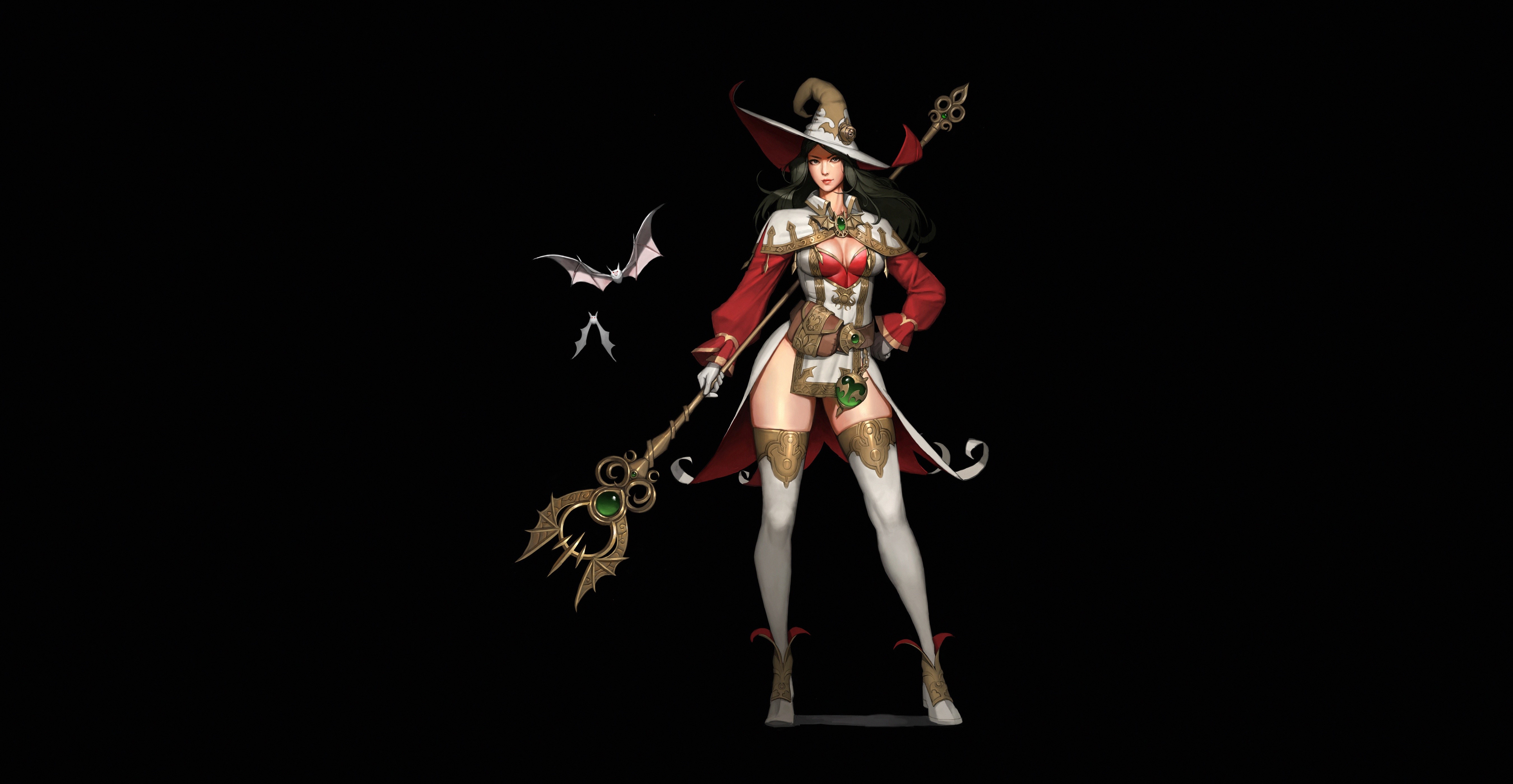 Witch with Mage Staff and Bats HD Wallpaper