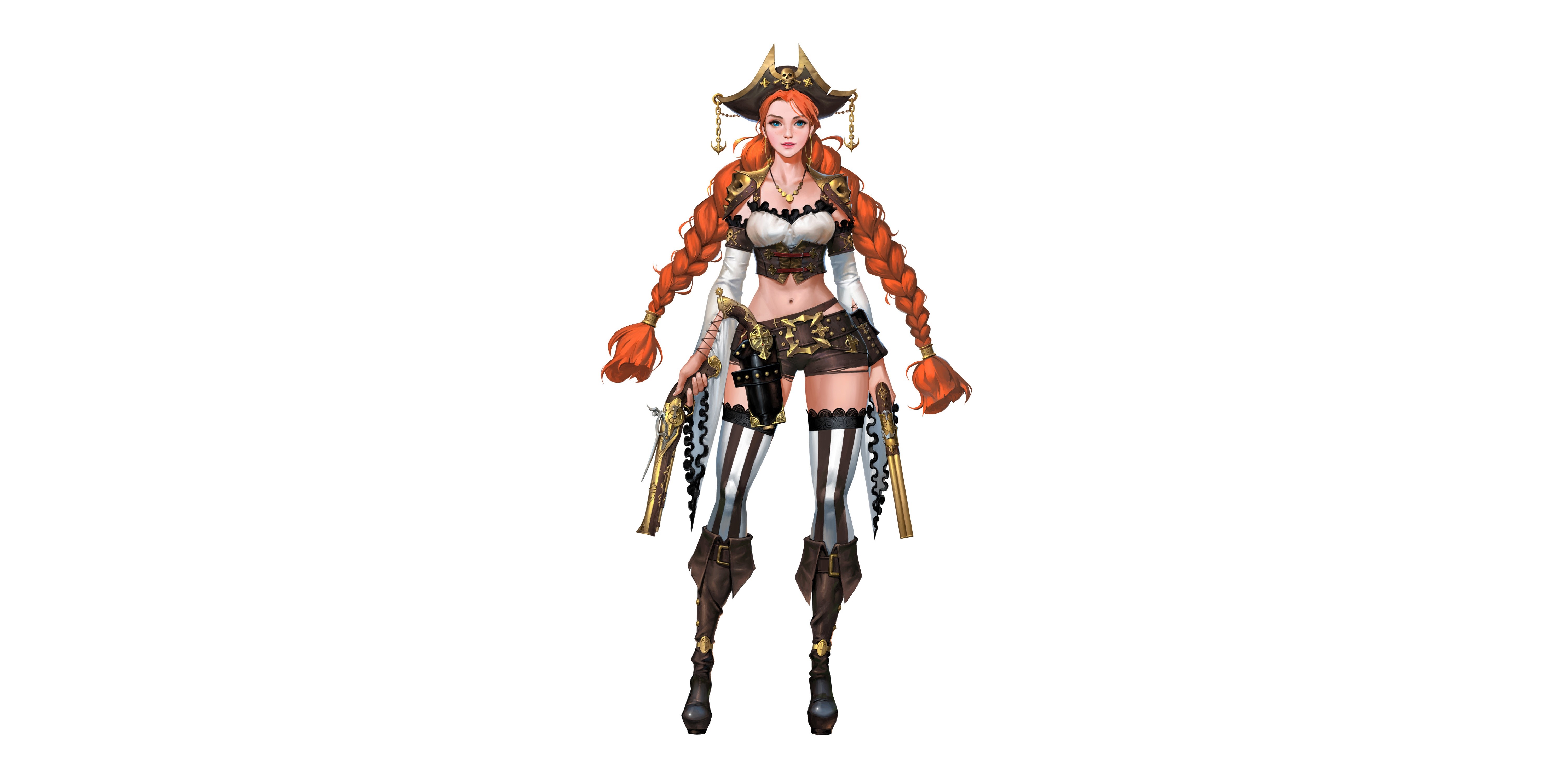 Pirate girl with red braids and pistols HD Wallpaper