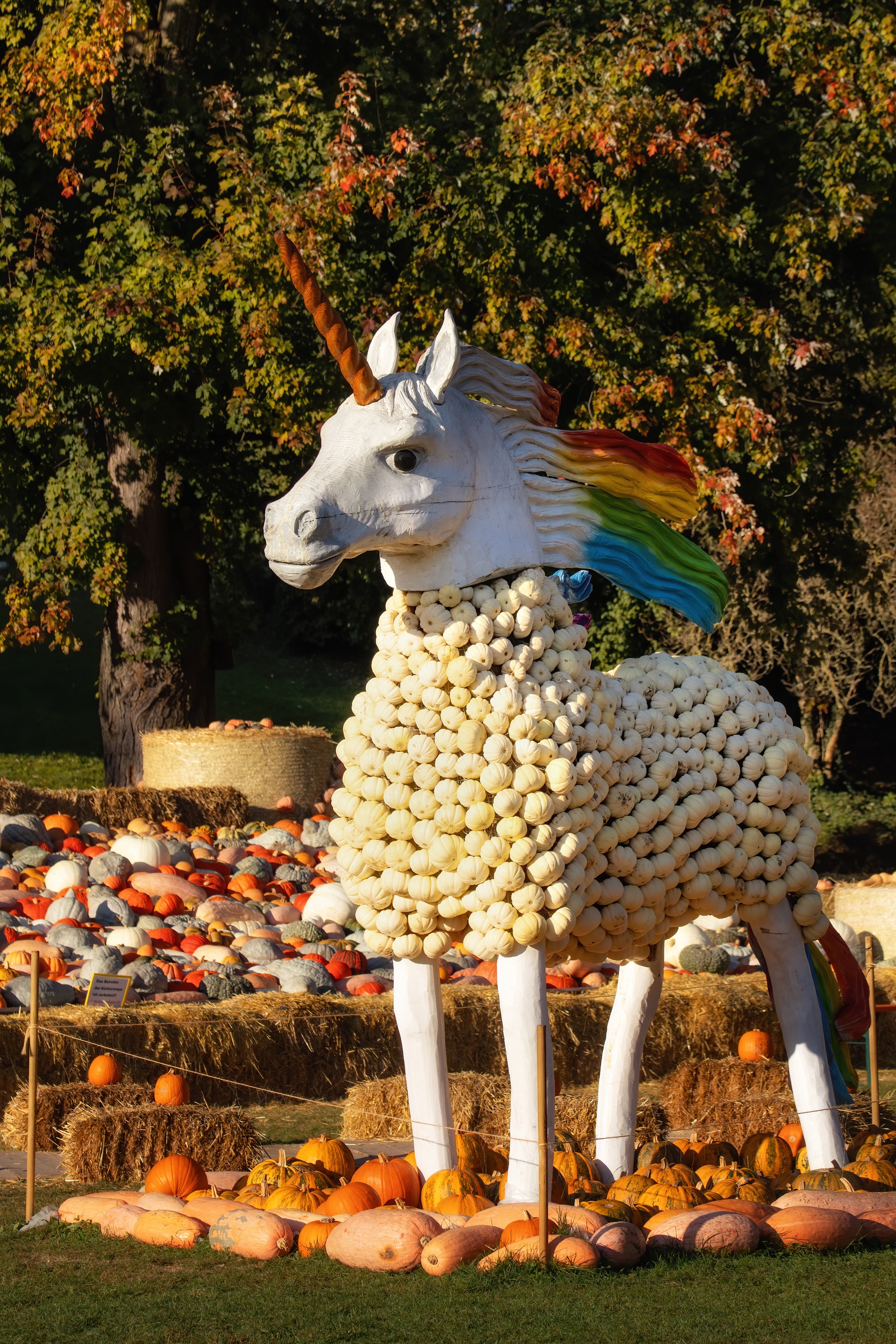 Unicorn sculpture made of pumpkins at a fall festival HD Phone Wallpaper