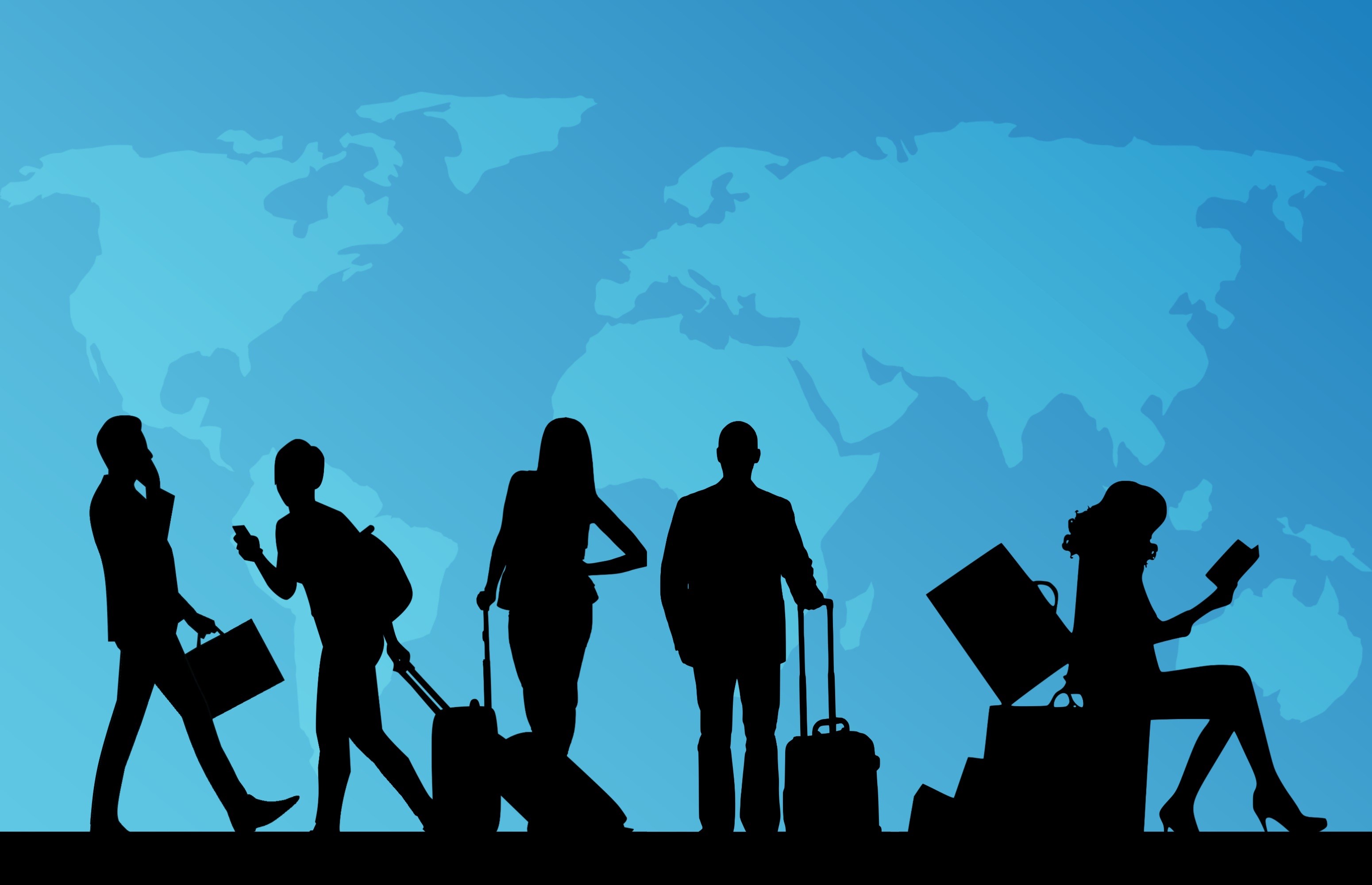 Silhouettes of travelers with luggage against a world map HD Wallpaper