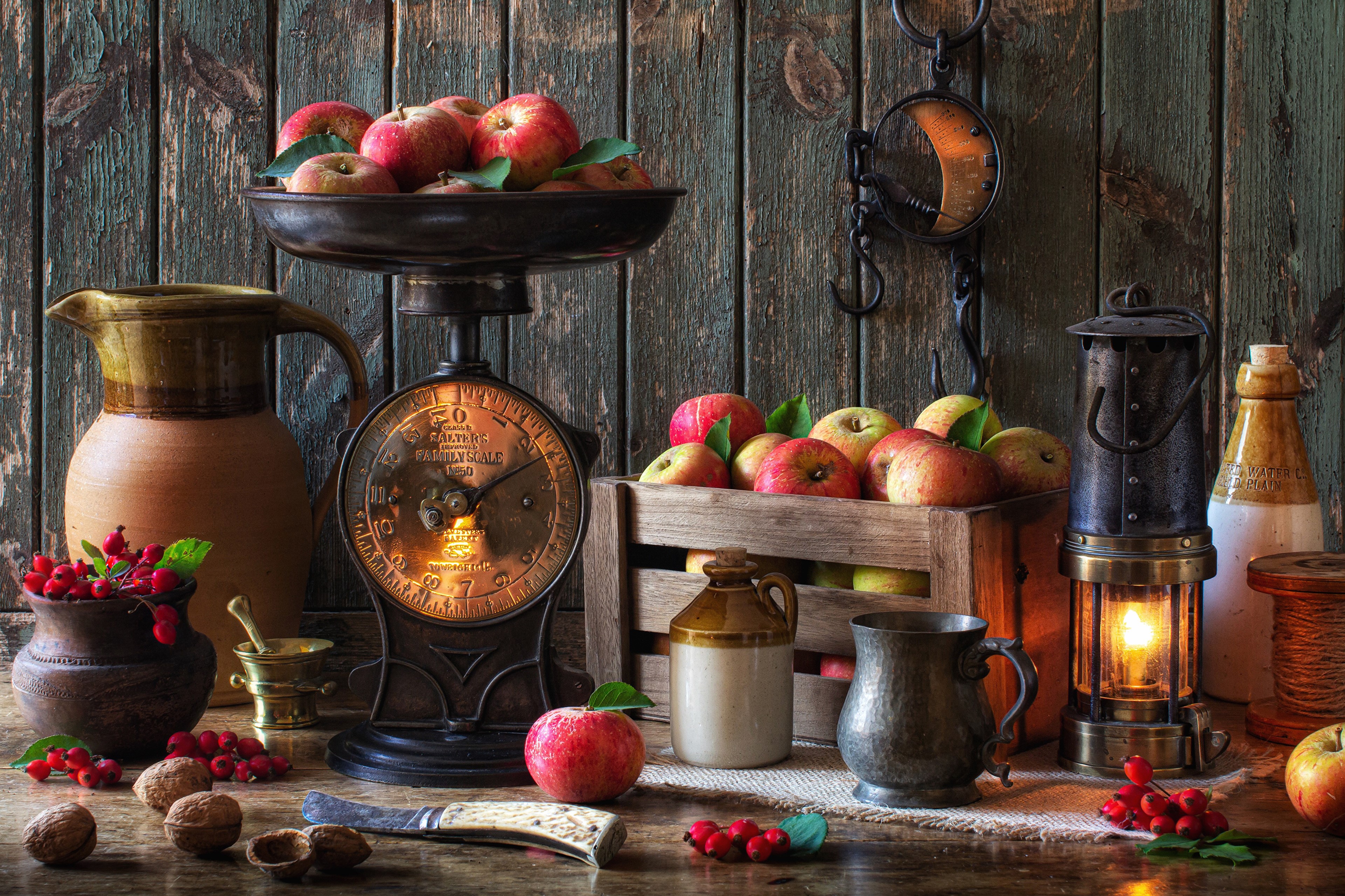 Still-life with apples, jug, and kerosene lamp HD Wallpaper