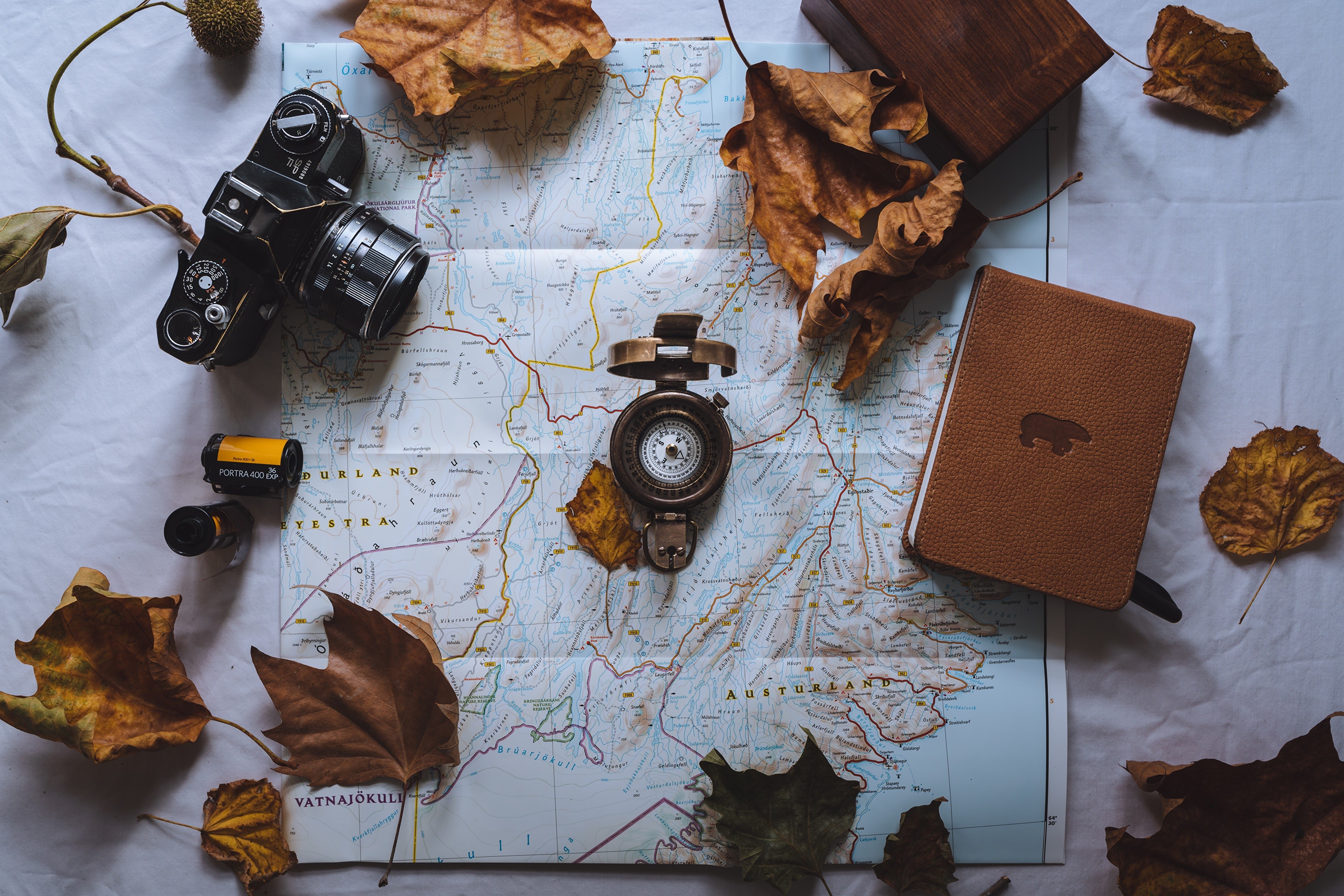 Camera, Map, Compass, Book, and Autumn Leaves HD Wallpaper