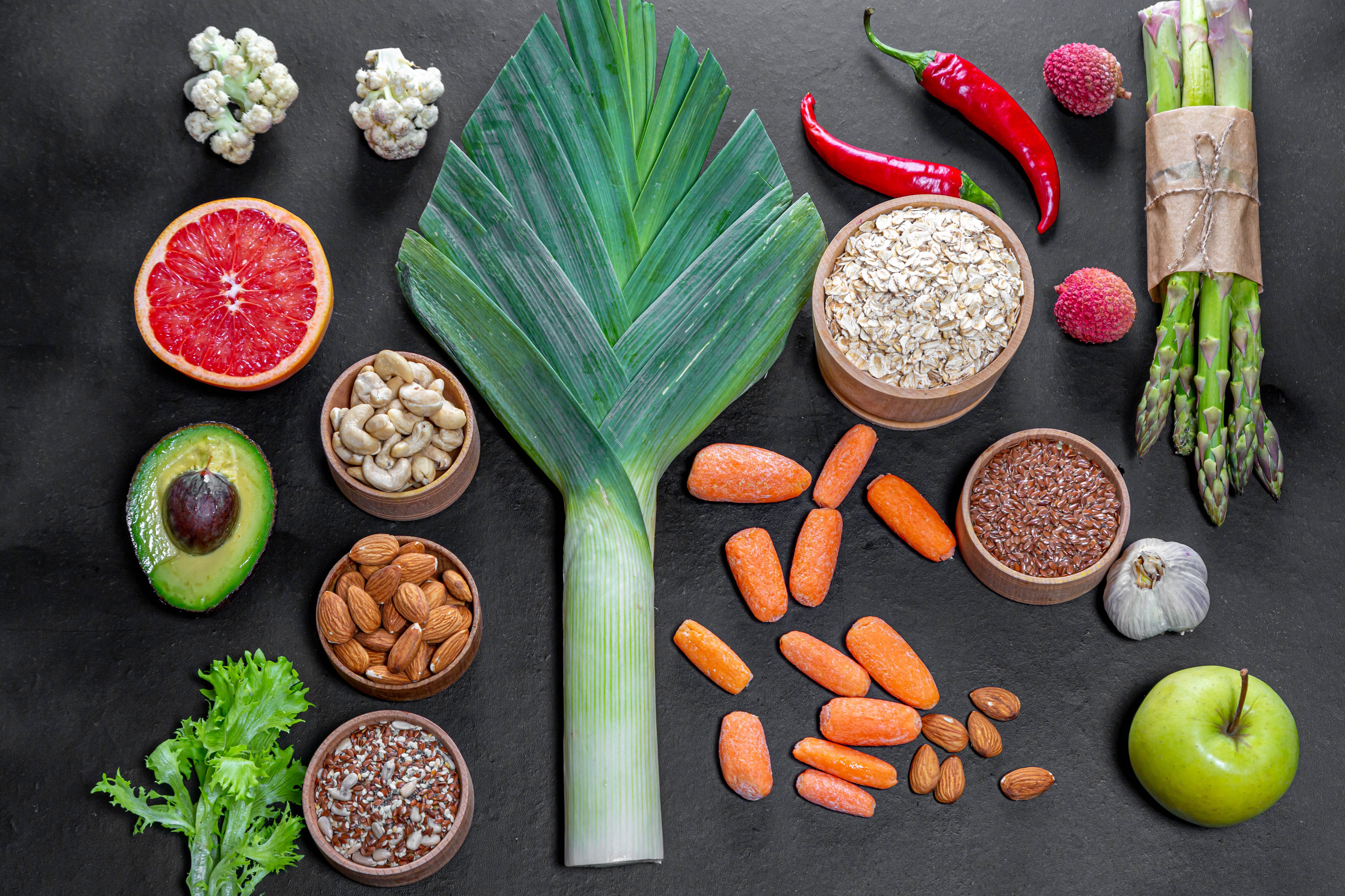 Assortment of Fresh Fruits, Vegetables, Nuts, and Grains HD Wallpaper
