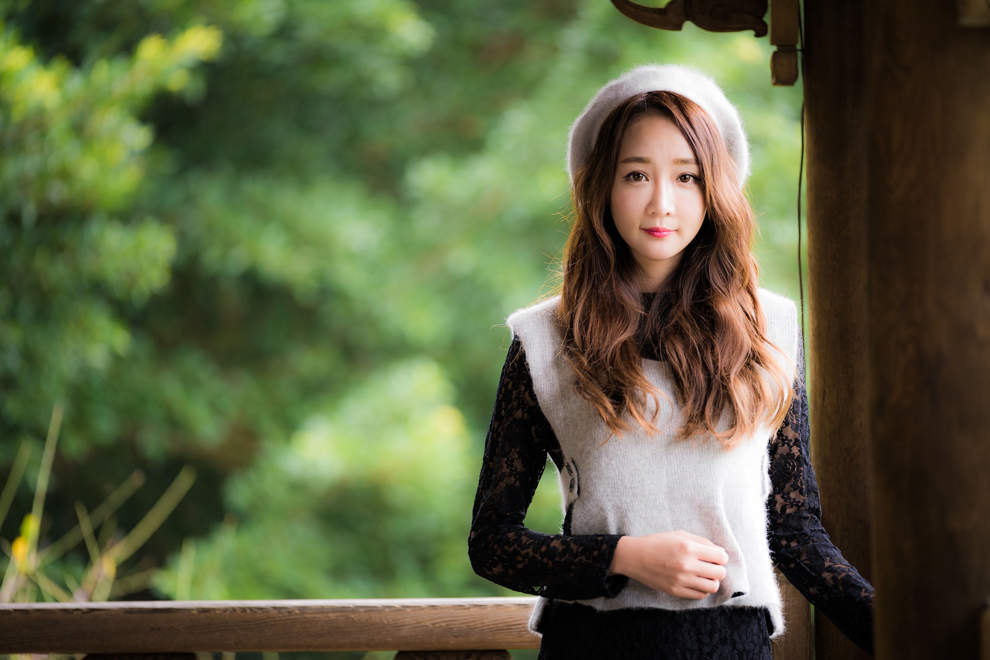 Asian woman with brown hair wearing a beret HD Wallpaper