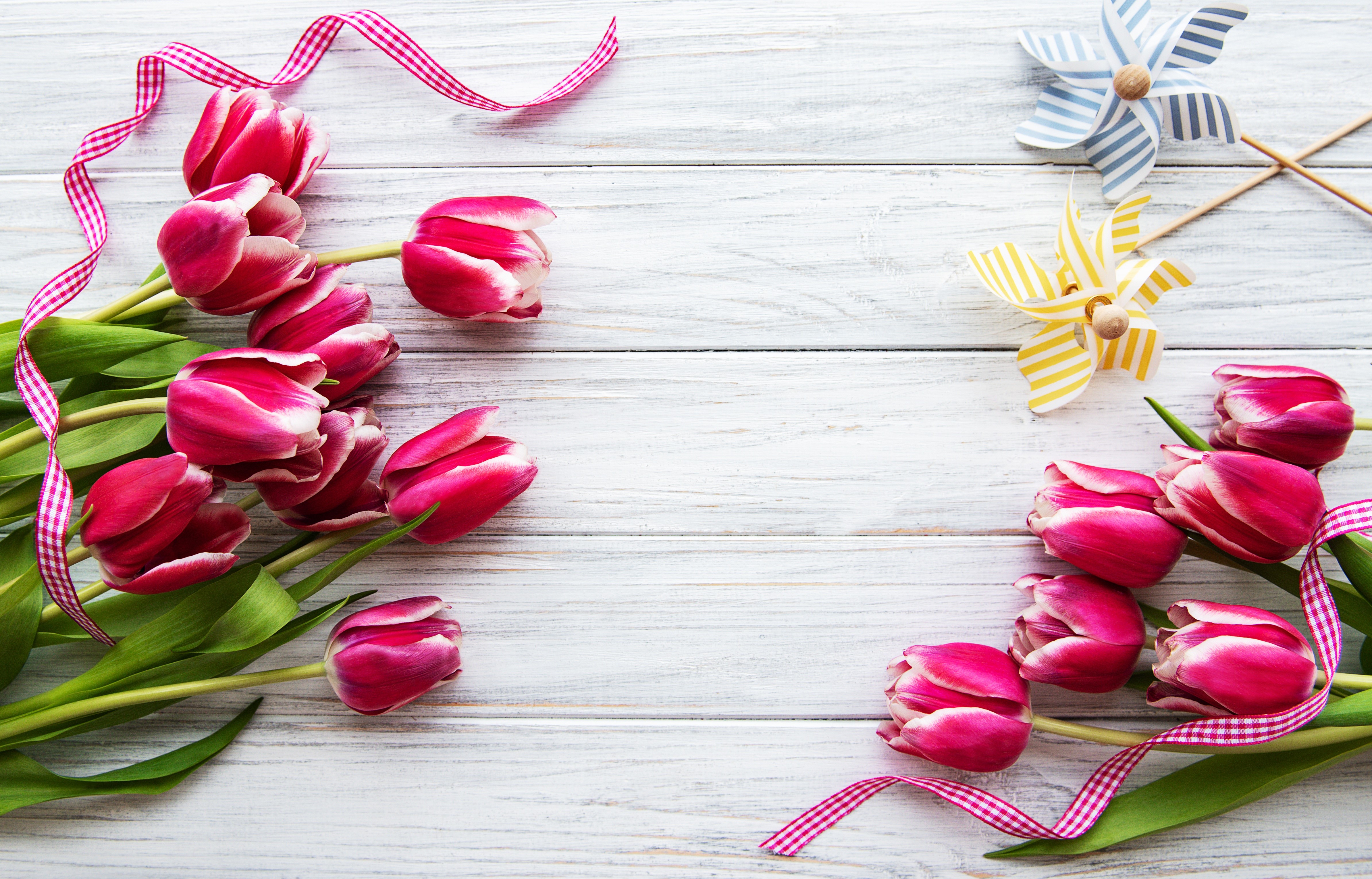 Pink Tulips and Pinwheels on Wood Planks HD Wallpaper