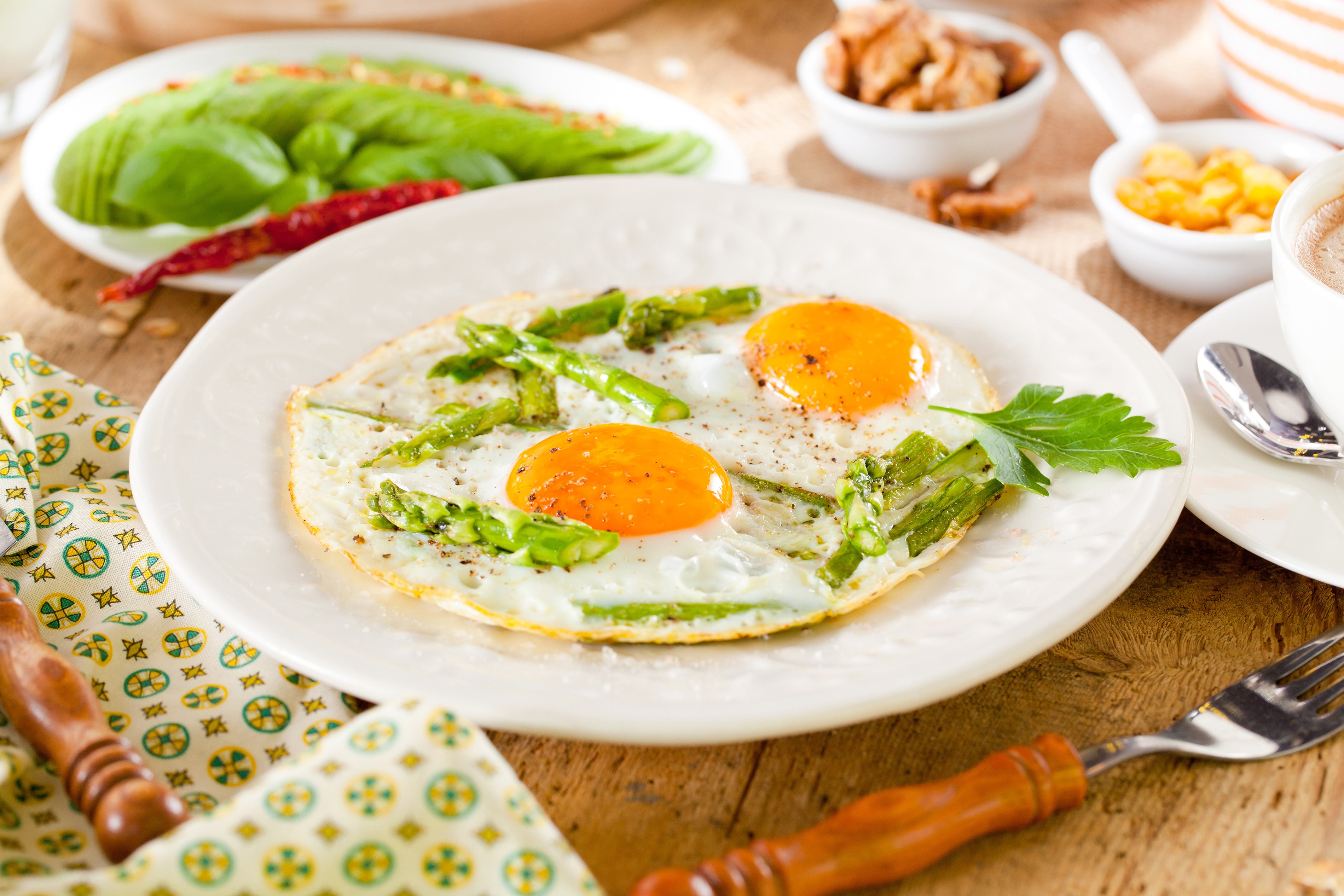 Fried eggs with asparagus on a plate with avocado and coffee HD Wallpaper