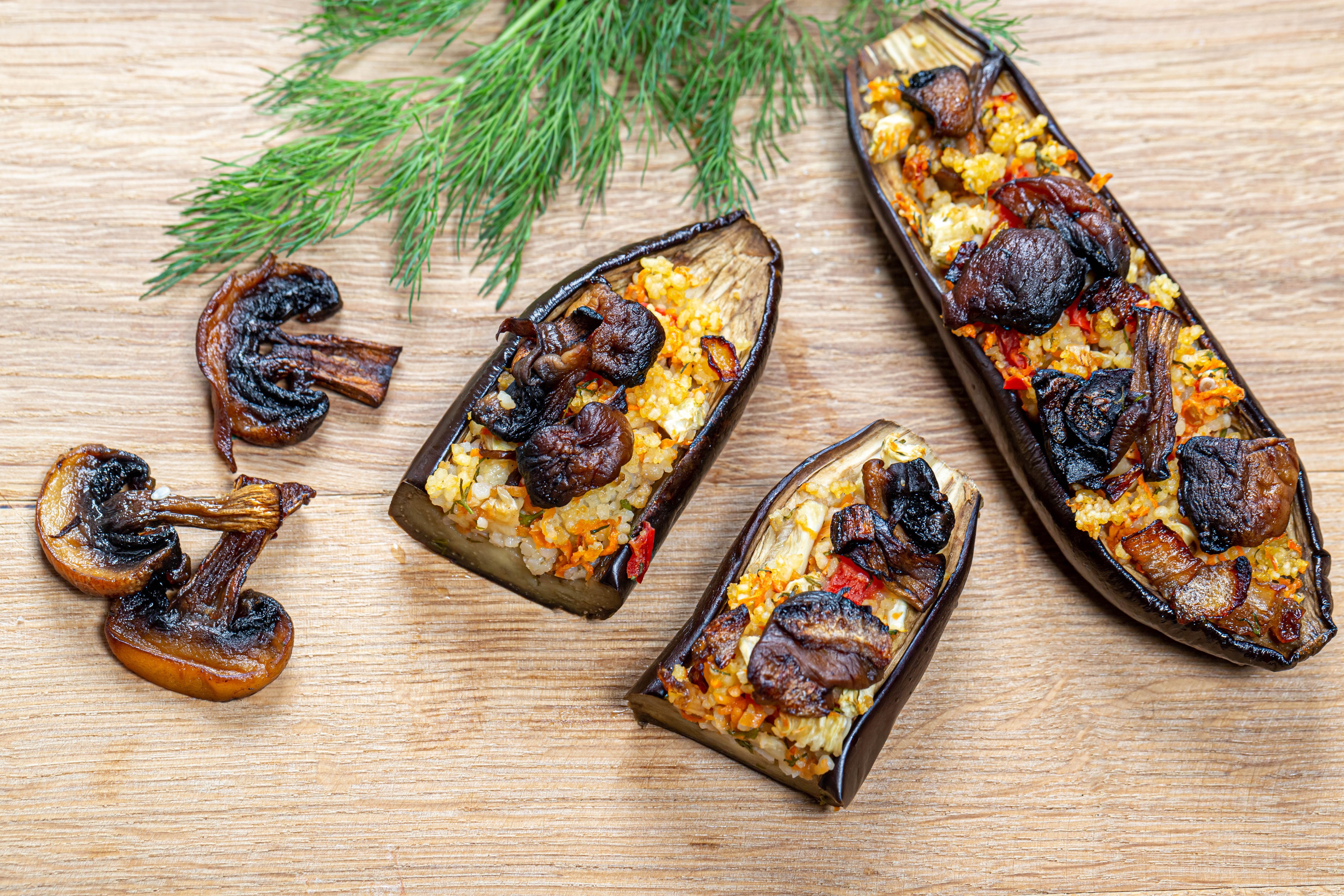4K Eggplant Boats with Rice and Mushrooms HD Wallpaper