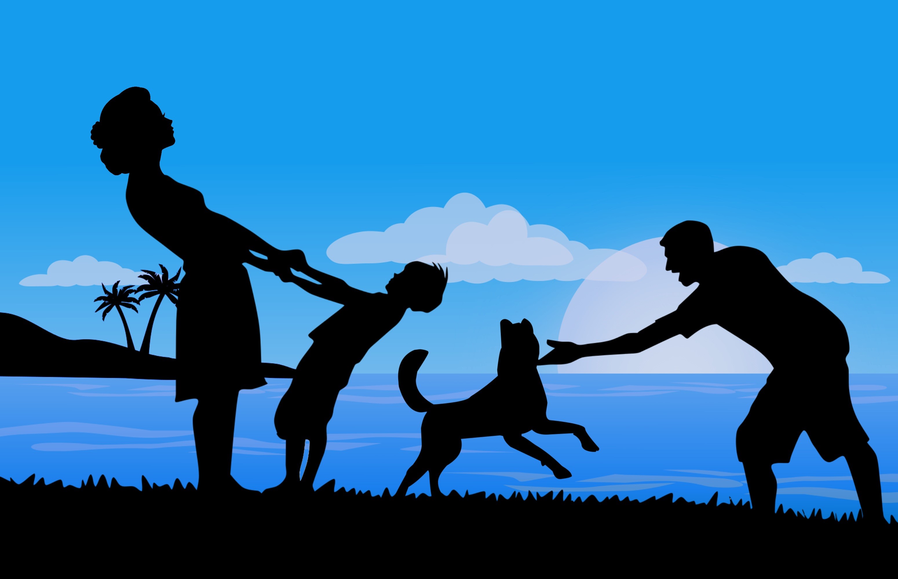 Family playing with dog on beach at sunset HD Wallpaper