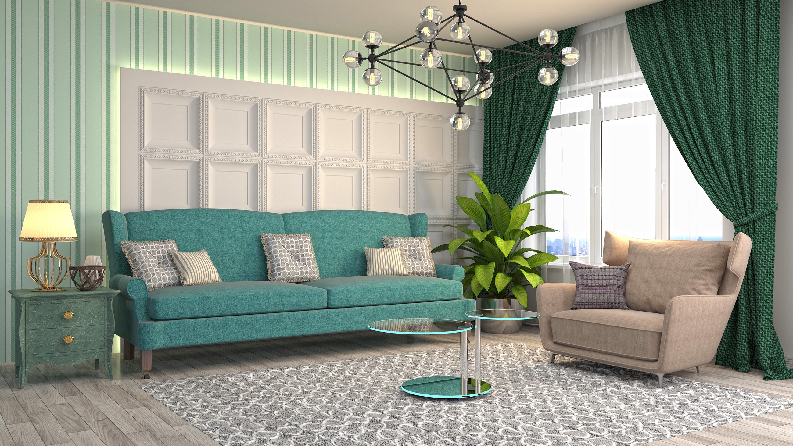 Living room with teal sofa and armchair HD Wallpaper