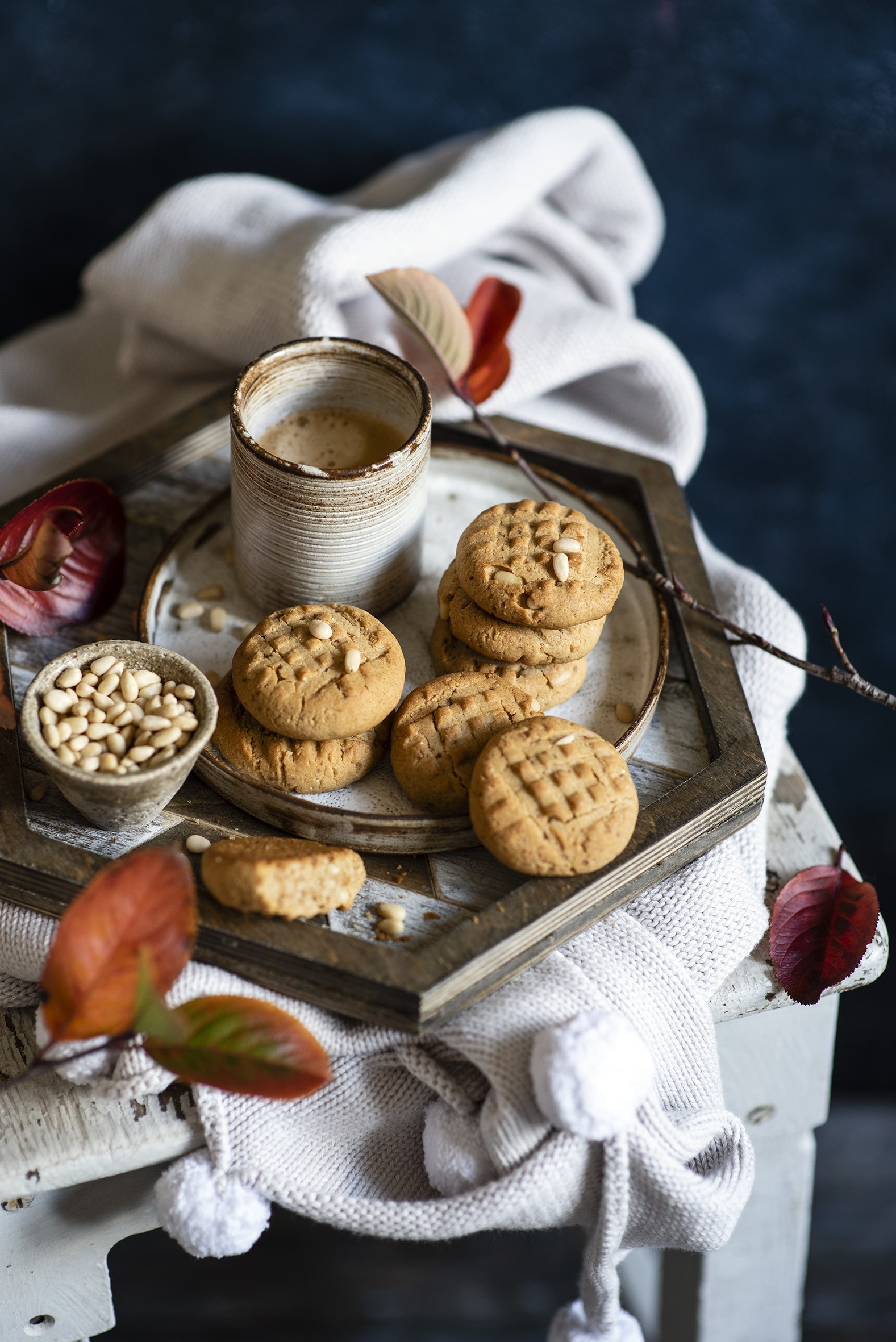 Peanut butter cookies with coffee and pine nuts HD Phone Wallpaper