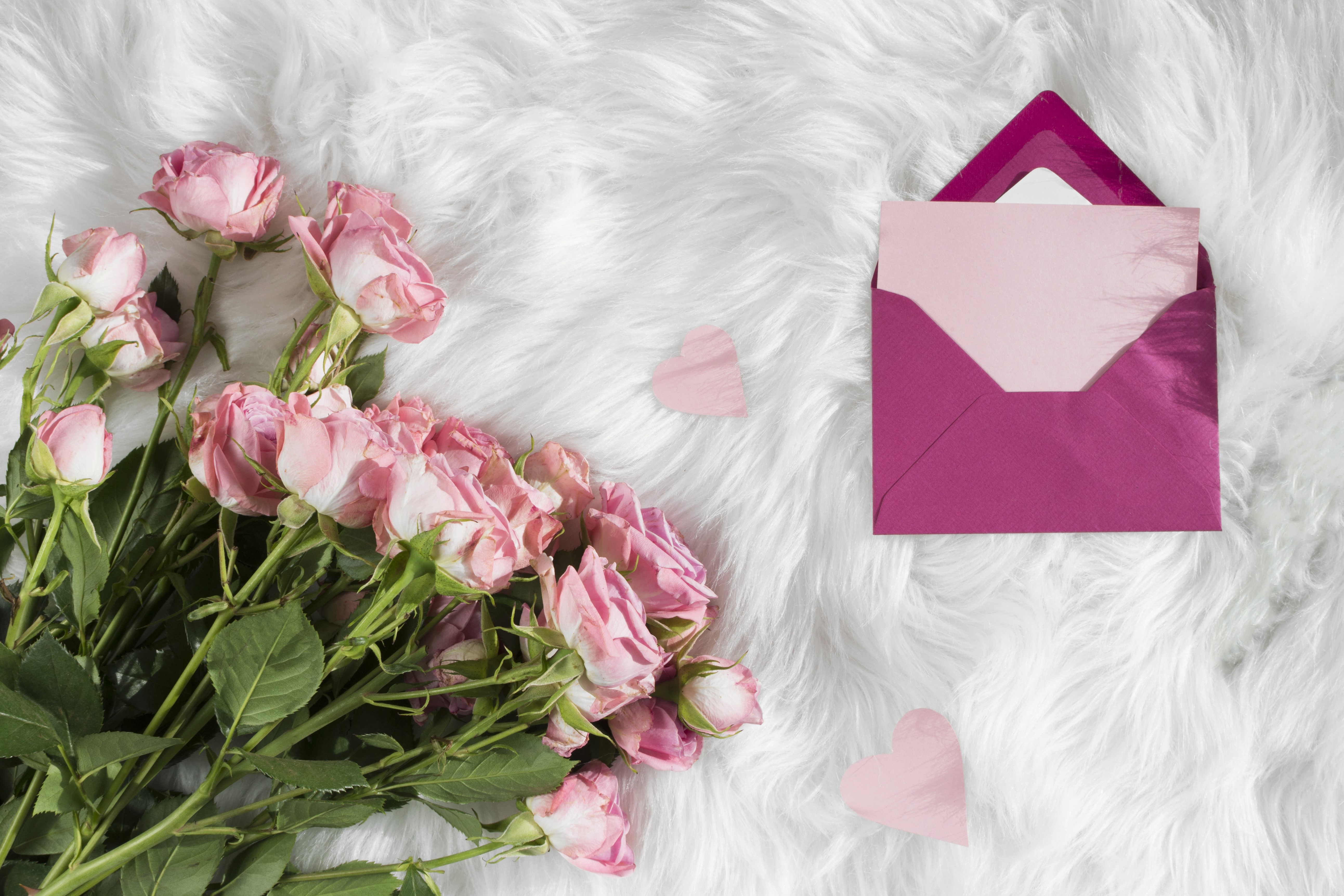 Pink Roses Bouquet with Envelope and Hearts HD Wallpaper