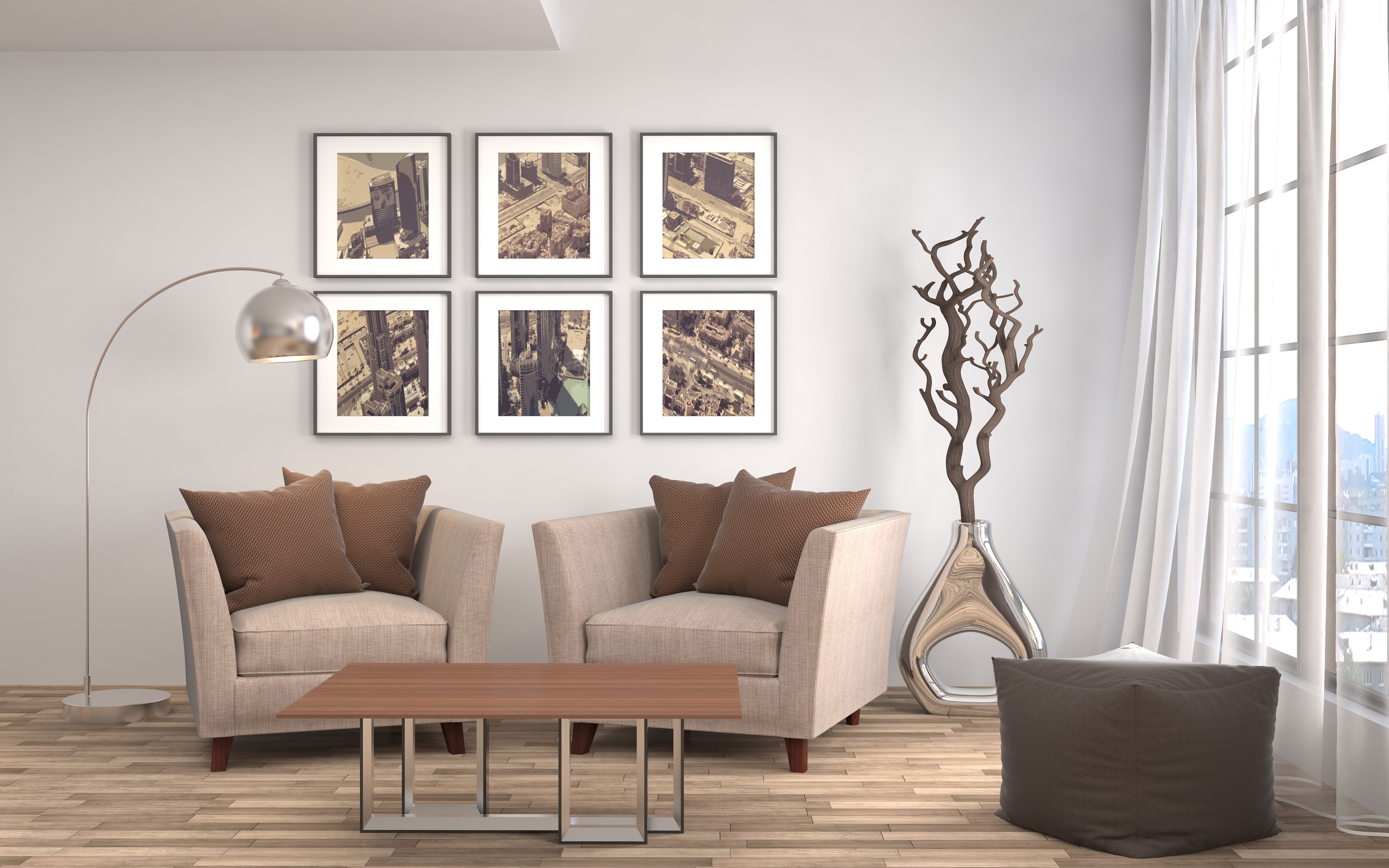 Living room interior with armchairs, table, and lamp HD Wallpaper