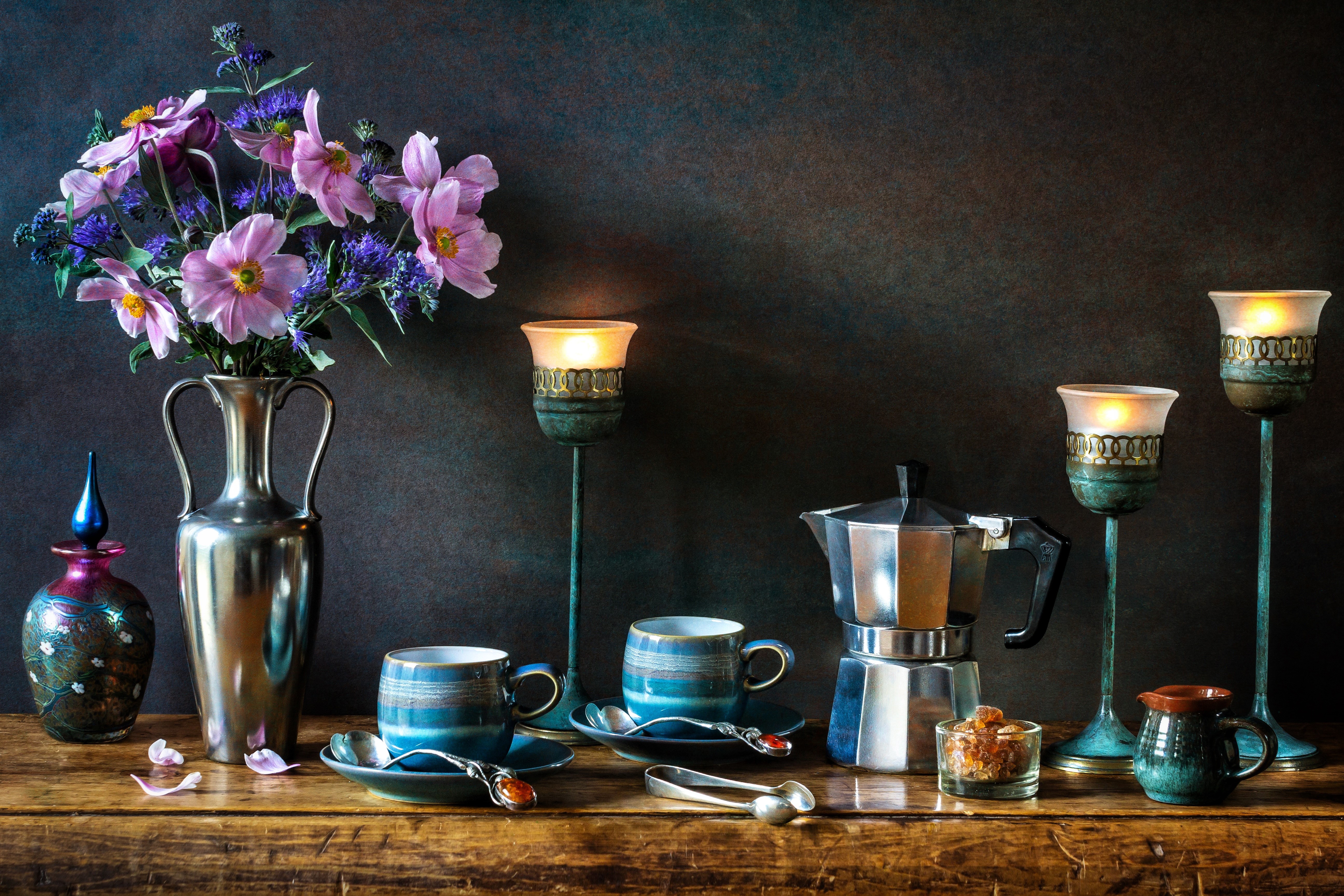 Still-life with flowers, coffee set, and candles HD Wallpaper